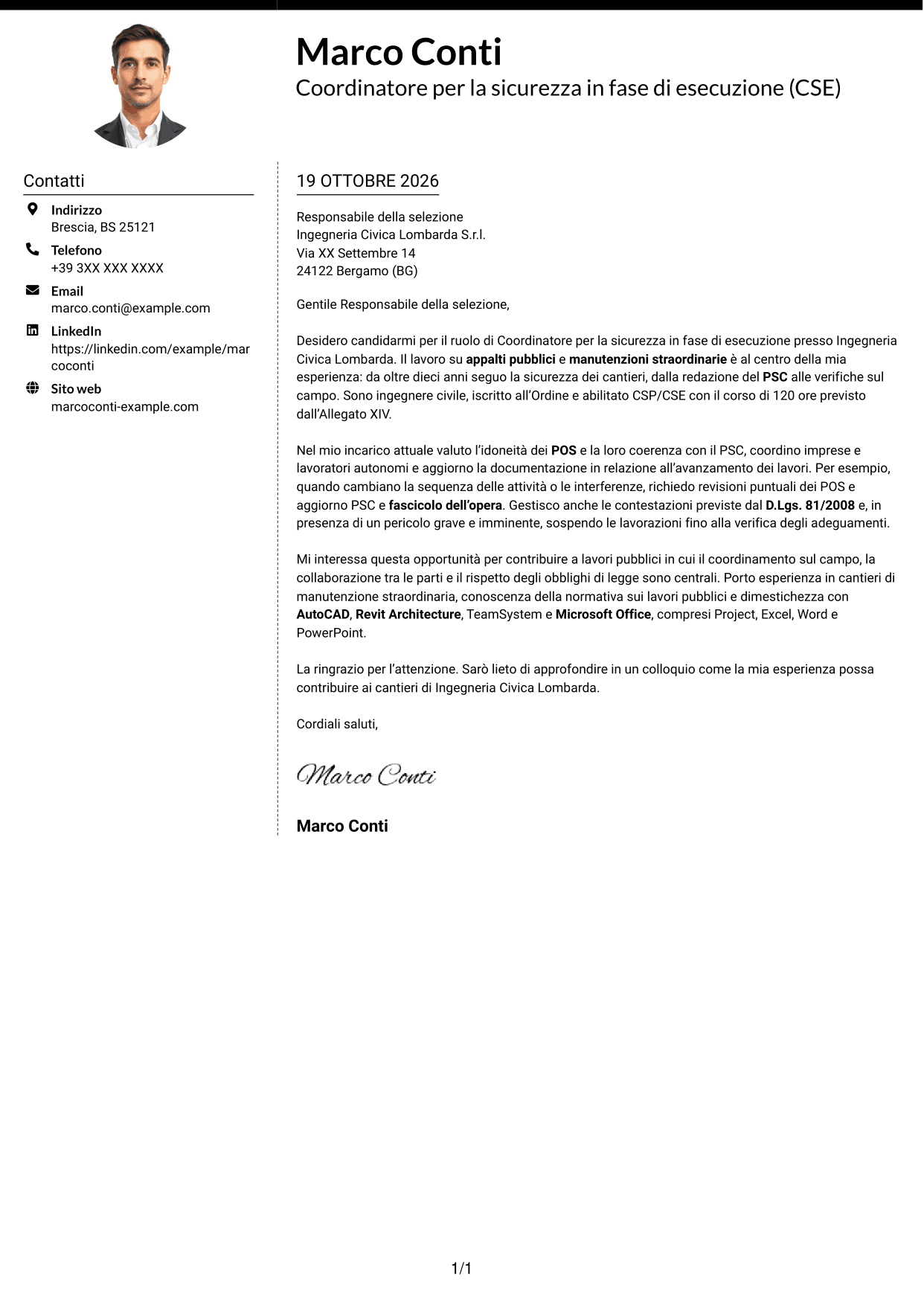 Lettera di presentazione Moderno (formato a due colonne con foto a sinistra e separatore): Coordinatore per la sicurezza in fase di esecuzione (CSE) - Appalti pubblici, pagina 1