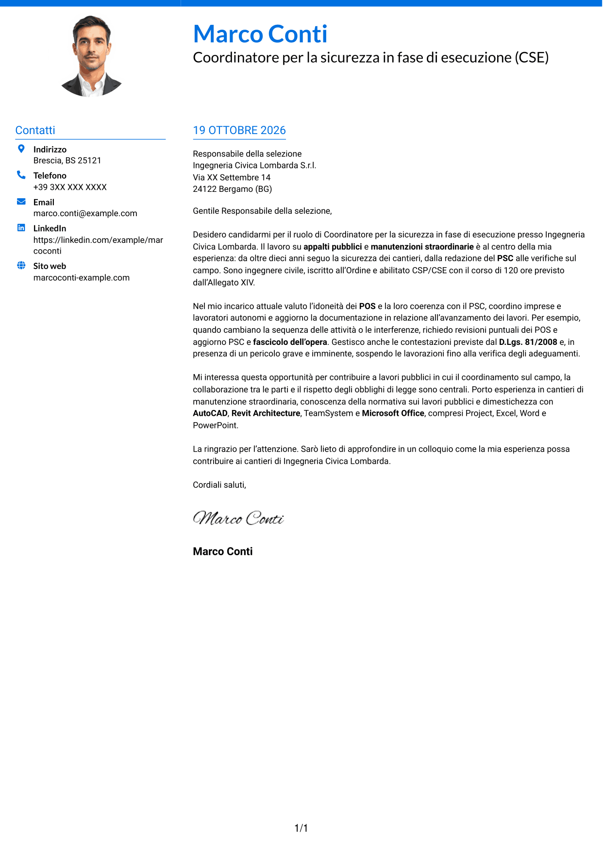 Lettera di presentazione Audace (formato a due colonne con accenti colorati e foto): Coordinatore per la sicurezza in fase di esecuzione (CSE) - Appalti pubblici, pagina 1