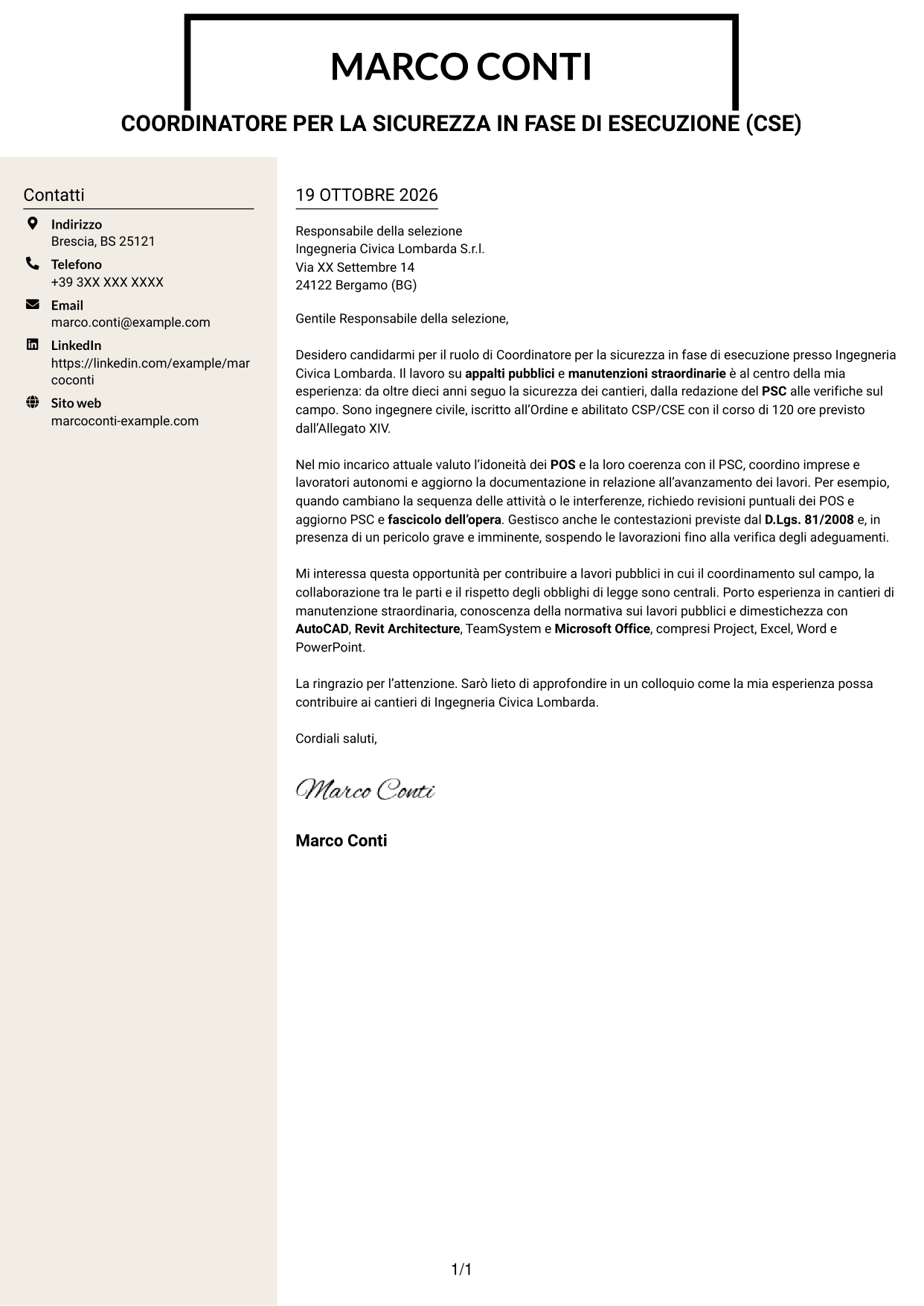 Lettera di presentazione Intraprendente (formato a due colonne con intestazione centrata senza foto): Coordinatore per la sicurezza in fase di esecuzione (CSE) - Appalti pubblici, pagina 1