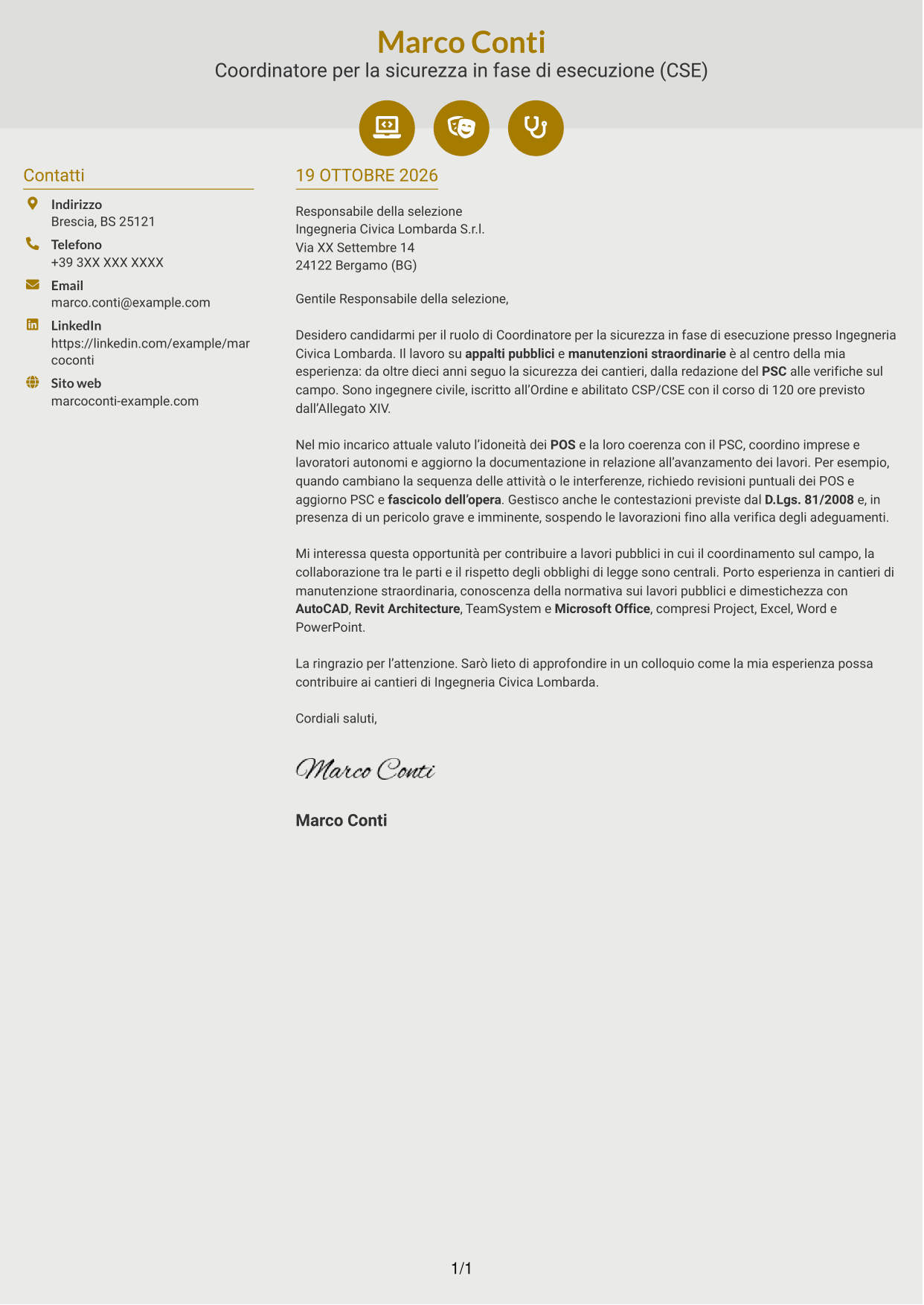 Lettera di presentazione Dinamico (formato a due colonne con icone): Coordinatore per la sicurezza in fase di esecuzione (CSE) - Appalti pubblici, pagina 1
