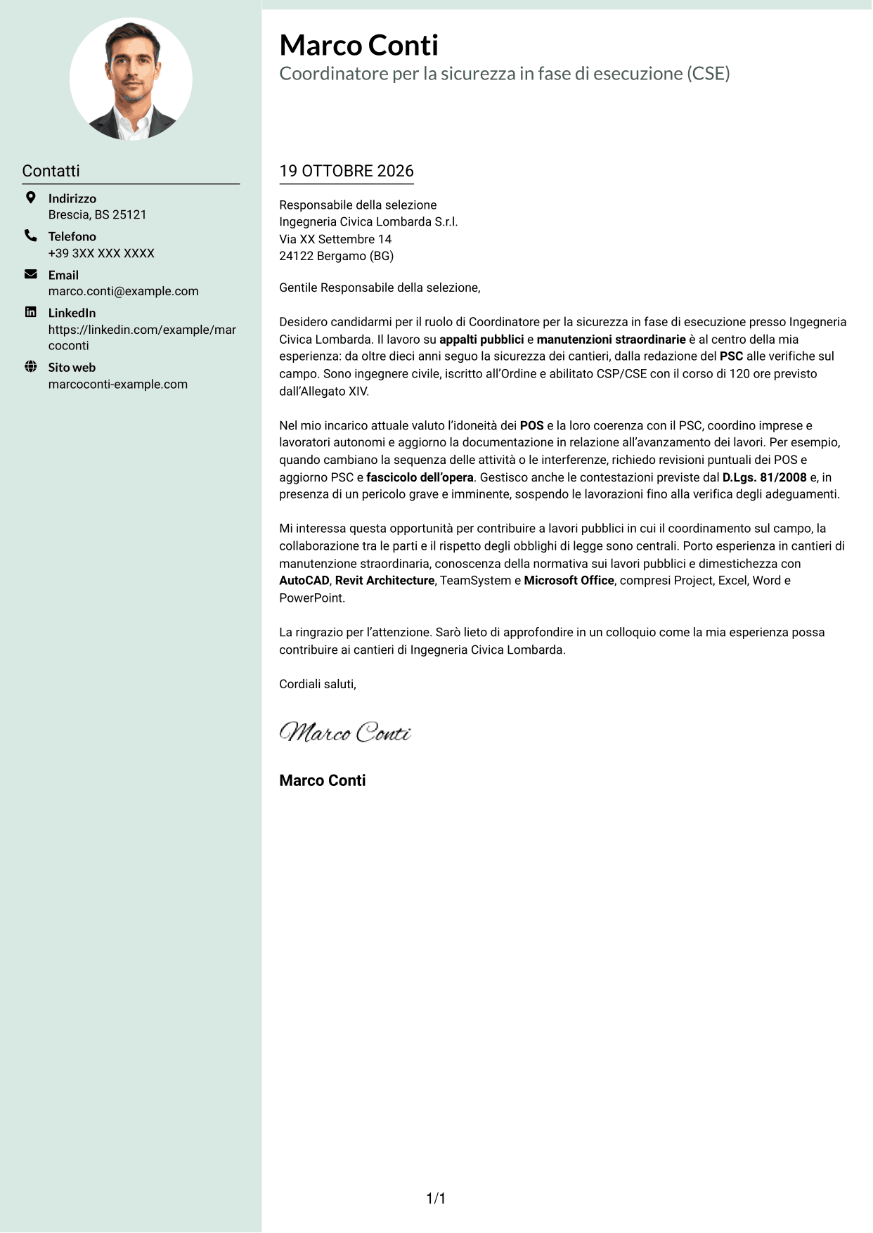 Lettera di presentazione Dirigente (formato con colonna laterale tenue e foto arrotondata): Coordinatore per la sicurezza in fase di esecuzione (CSE) - Appalti pubblici, pagina 1
