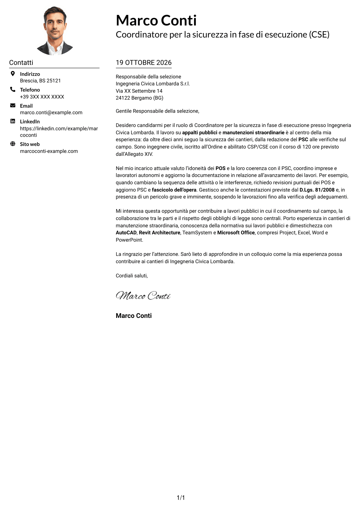 Esempio di lettera di presentazione — pagina 1