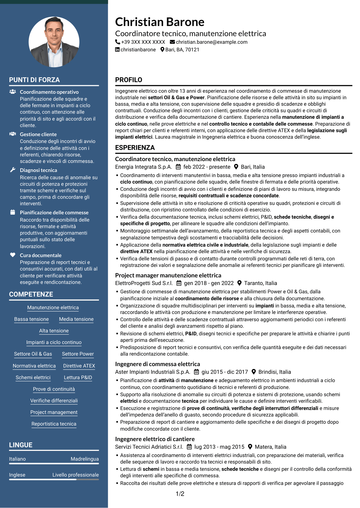 CV Elegante (formato con colonna laterale colorata e foto): Coordinatore tecnico strumentazione ed elettrica, pagina 1