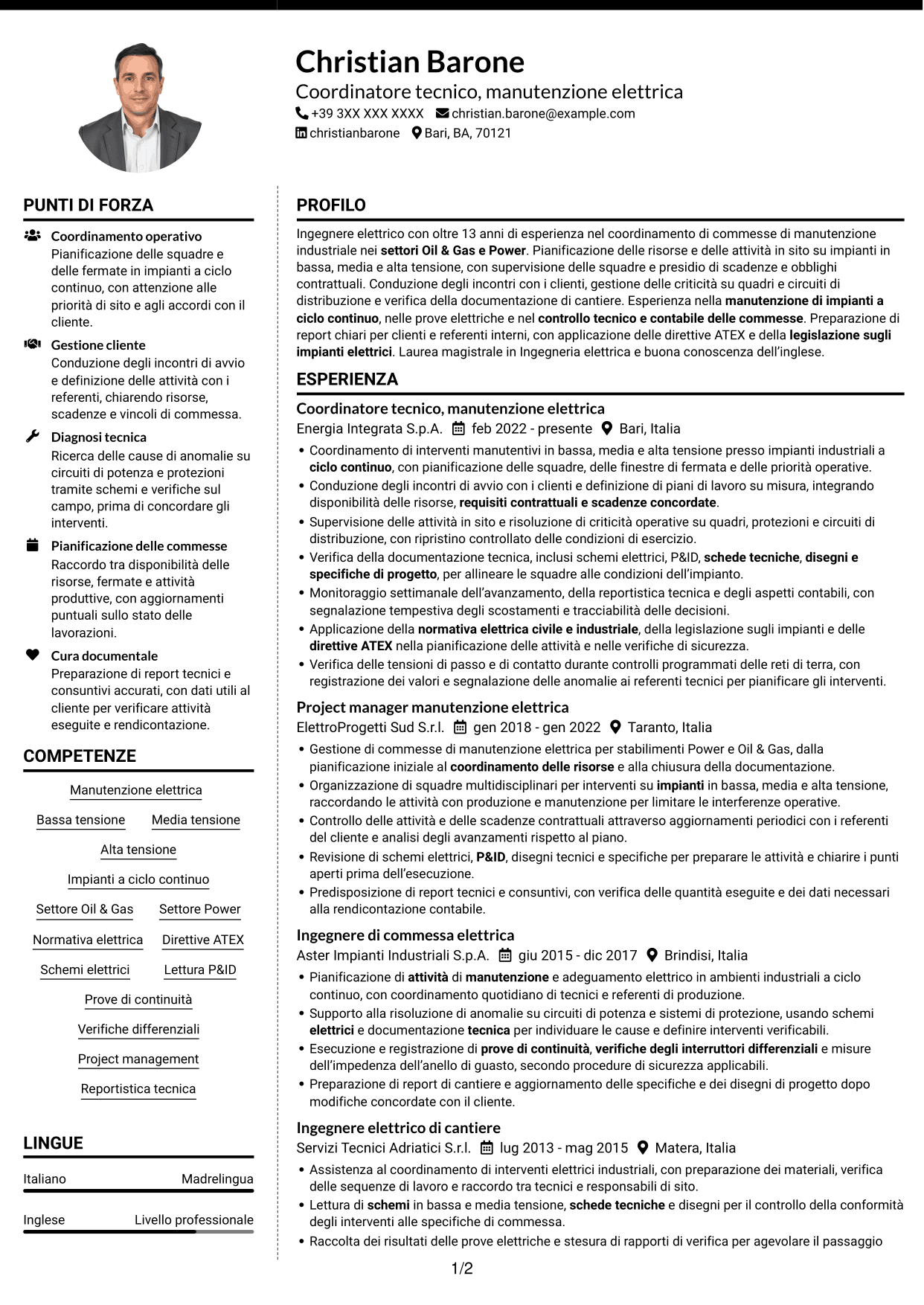 CV Moderno (formato a due colonne con foto a sinistra e separatore): Coordinatore tecnico strumentazione ed elettrica, pagina 1