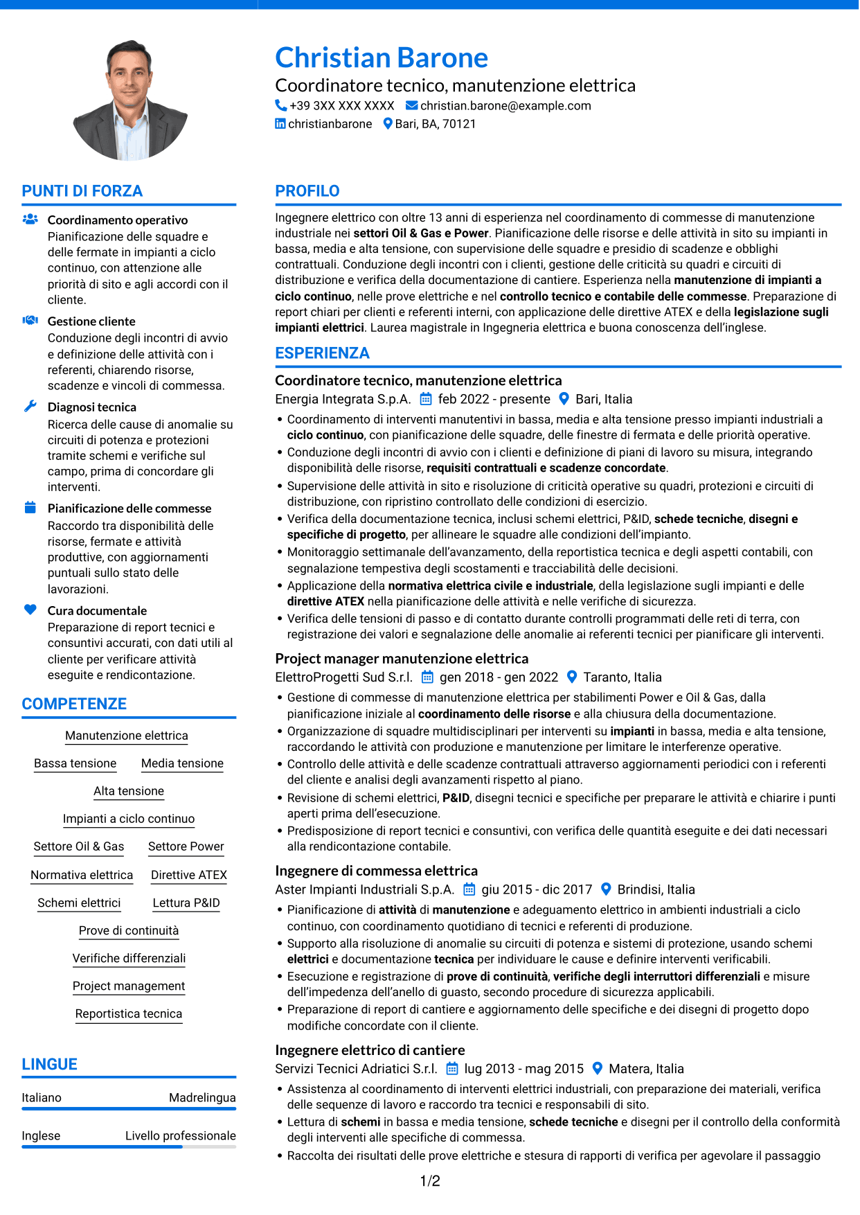 CV Audace (formato a due colonne con accenti colorati e foto): Coordinatore tecnico strumentazione ed elettrica, pagina 1