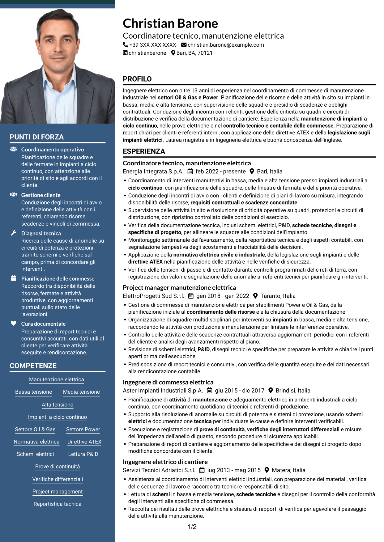 CV Signature (formato con colonna laterale colorata e foto grande): Coordinatore tecnico strumentazione ed elettrica, pagina 1