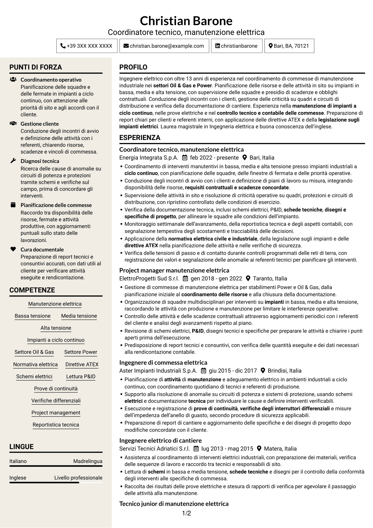 CV Intraprendente (formato a due colonne con intestazione centrata senza foto): Coordinatore tecnico strumentazione ed elettrica, pagina 1