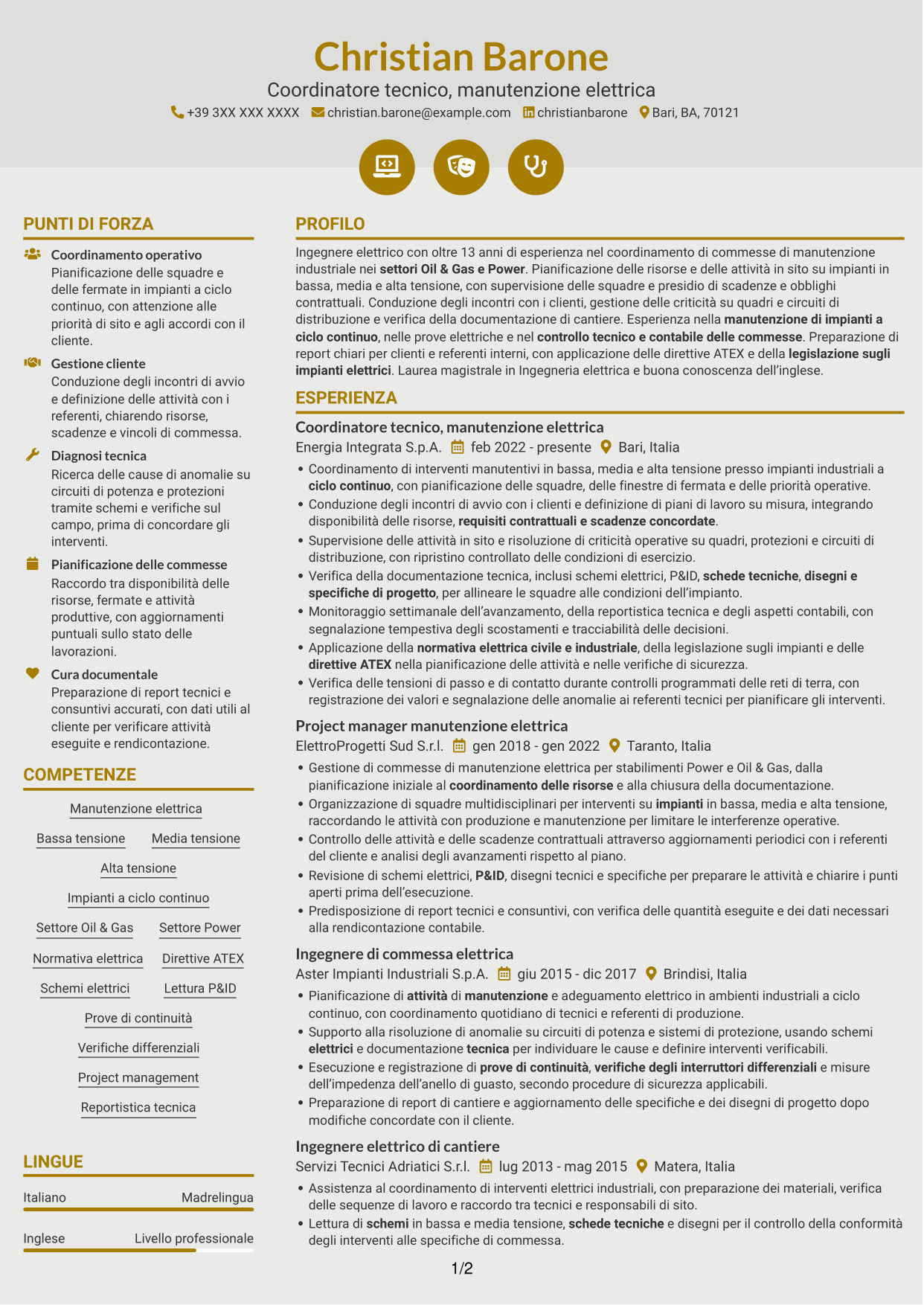 CV Dinamico (formato a due colonne con icone): Coordinatore tecnico strumentazione ed elettrica, pagina 1