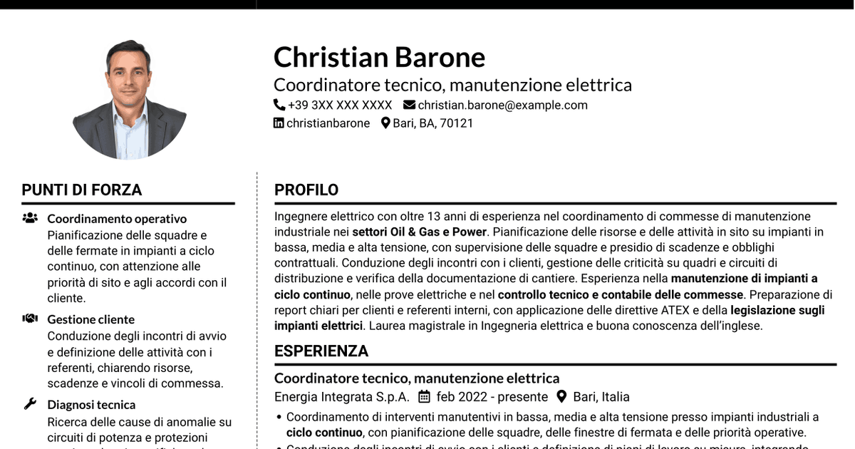 7 modelli di CV per Coordinatore tecnico strumentazione ed elettrica, con esempi