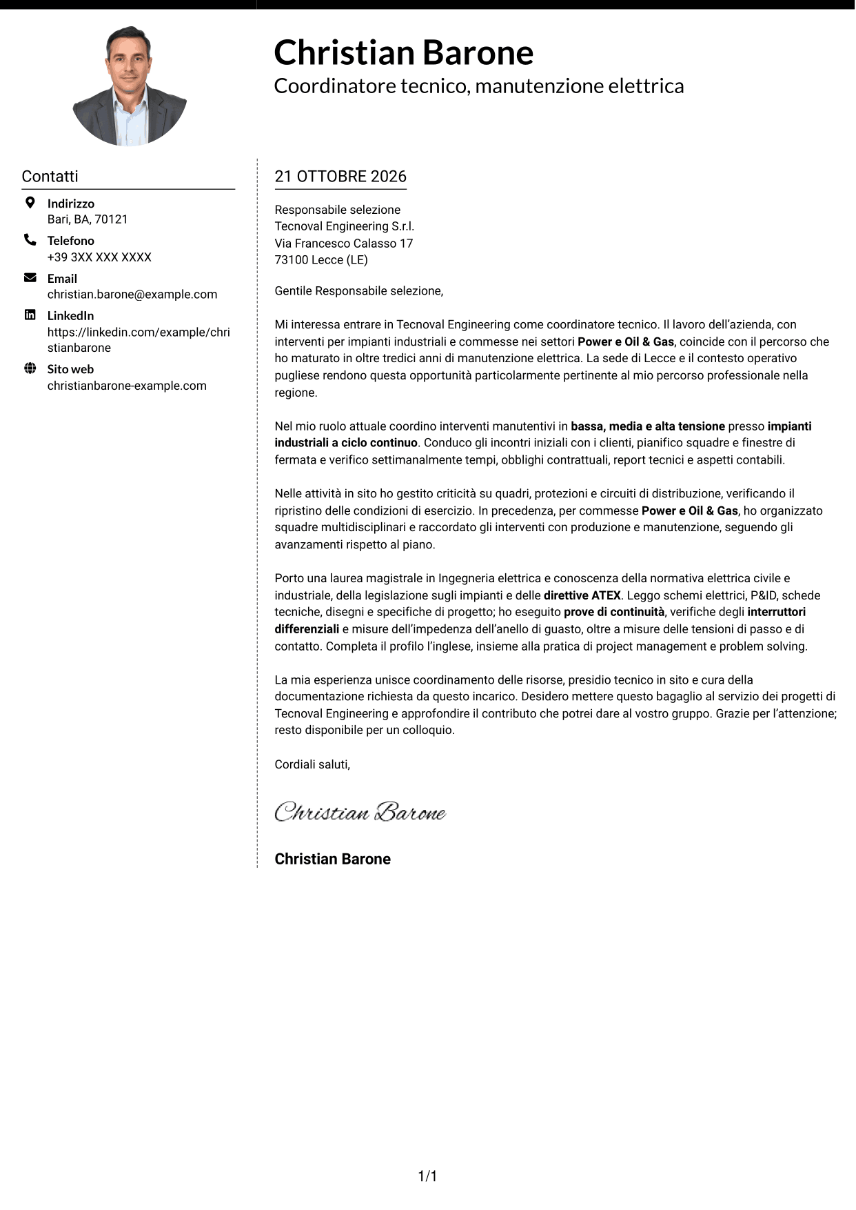 Lettera di presentazione Moderno (formato a due colonne con foto a sinistra e separatore): Coordinatore tecnico strumentazione ed elettrica, pagina 1