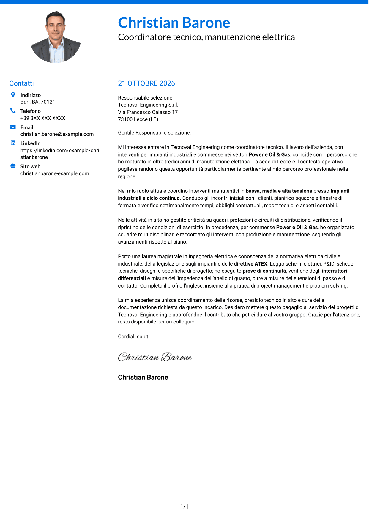Lettera di presentazione Audace (formato a due colonne con accenti colorati e foto): Coordinatore tecnico strumentazione ed elettrica, pagina 1