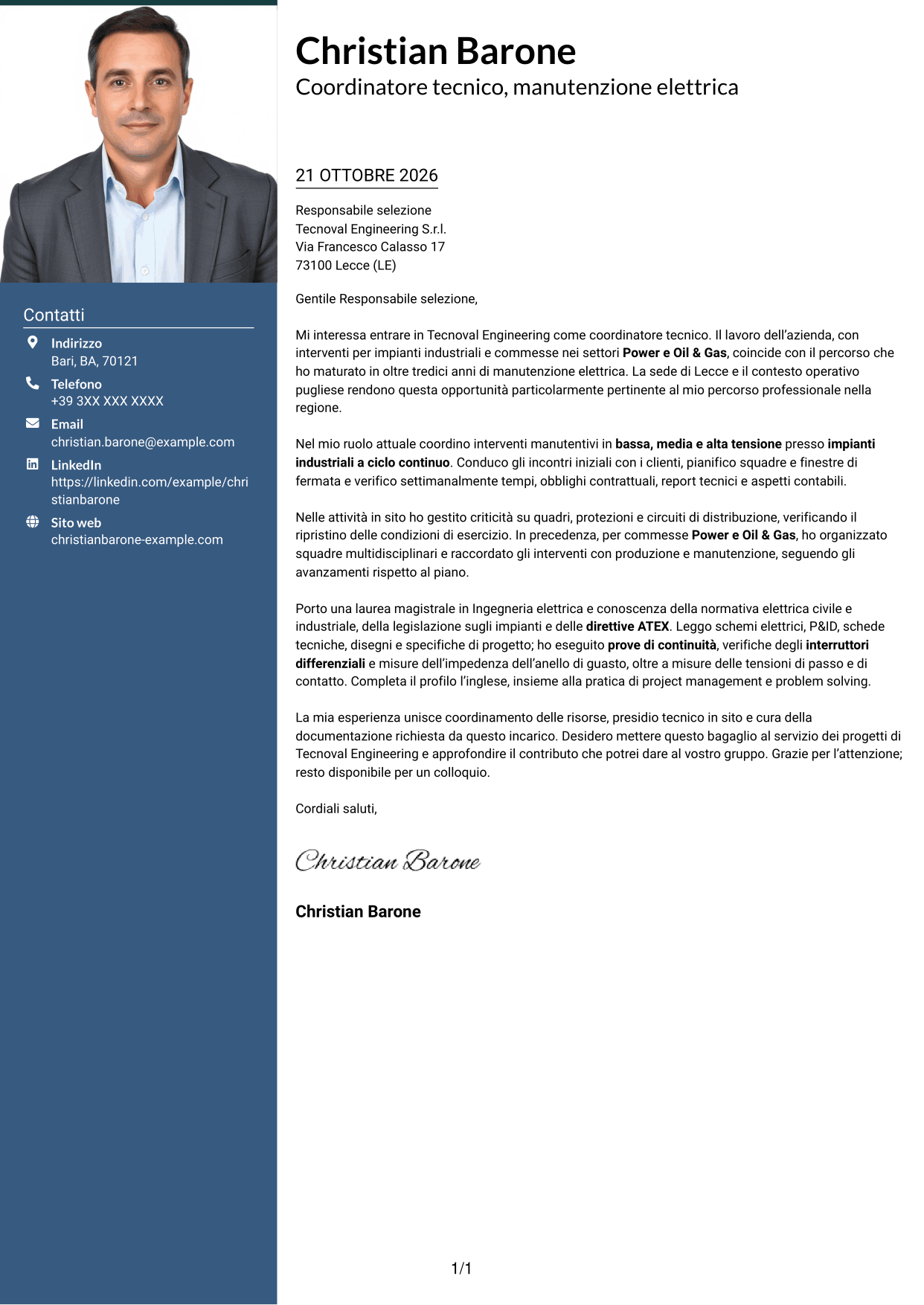 Lettera di presentazione Signature (formato con colonna laterale colorata e foto grande): Coordinatore tecnico strumentazione ed elettrica, pagina 1
