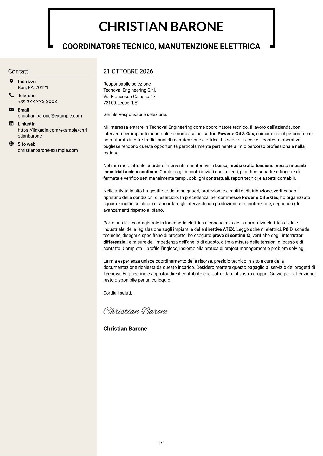 Lettera di presentazione Intraprendente (formato a due colonne con intestazione centrata senza foto): Coordinatore tecnico strumentazione ed elettrica, pagina 1