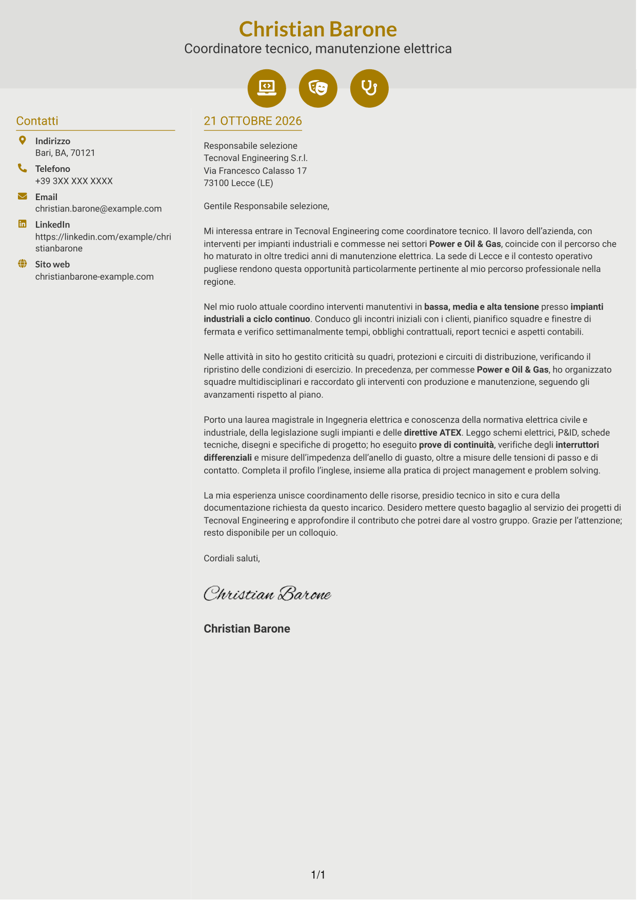 Lettera di presentazione Dinamico (formato a due colonne con icone): Coordinatore tecnico strumentazione ed elettrica, pagina 1