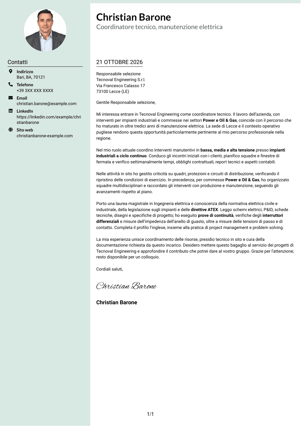 Lettera di presentazione Dirigente (formato con colonna laterale tenue e foto arrotondata): Coordinatore tecnico strumentazione ed elettrica, pagina 1