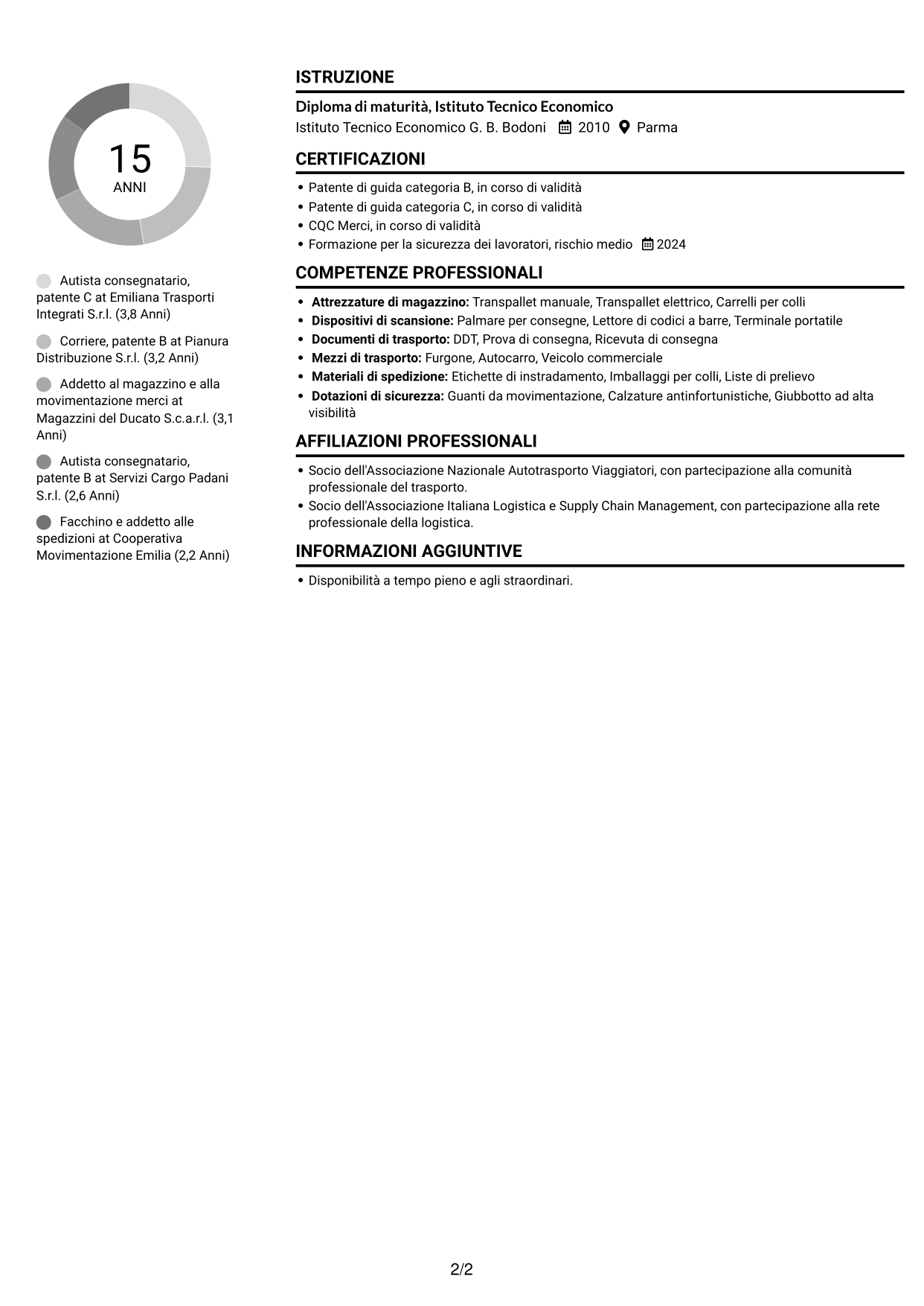CV Compatto (formato sobrio a due colonne con foto): Corrieri e Facchini - Consegne e Magazzino, pagina 2