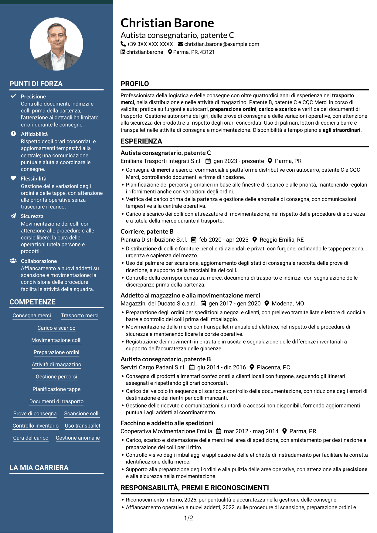 CV Elegante (formato con colonna laterale colorata e foto): Corrieri e Facchini - Consegne e Magazzino, pagina 1