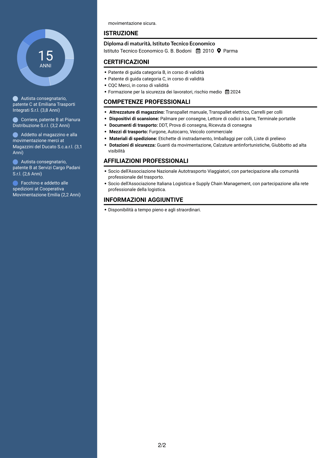 CV Elegante (formato con colonna laterale colorata e foto): Corrieri e Facchini - Consegne e Magazzino, pagina 2