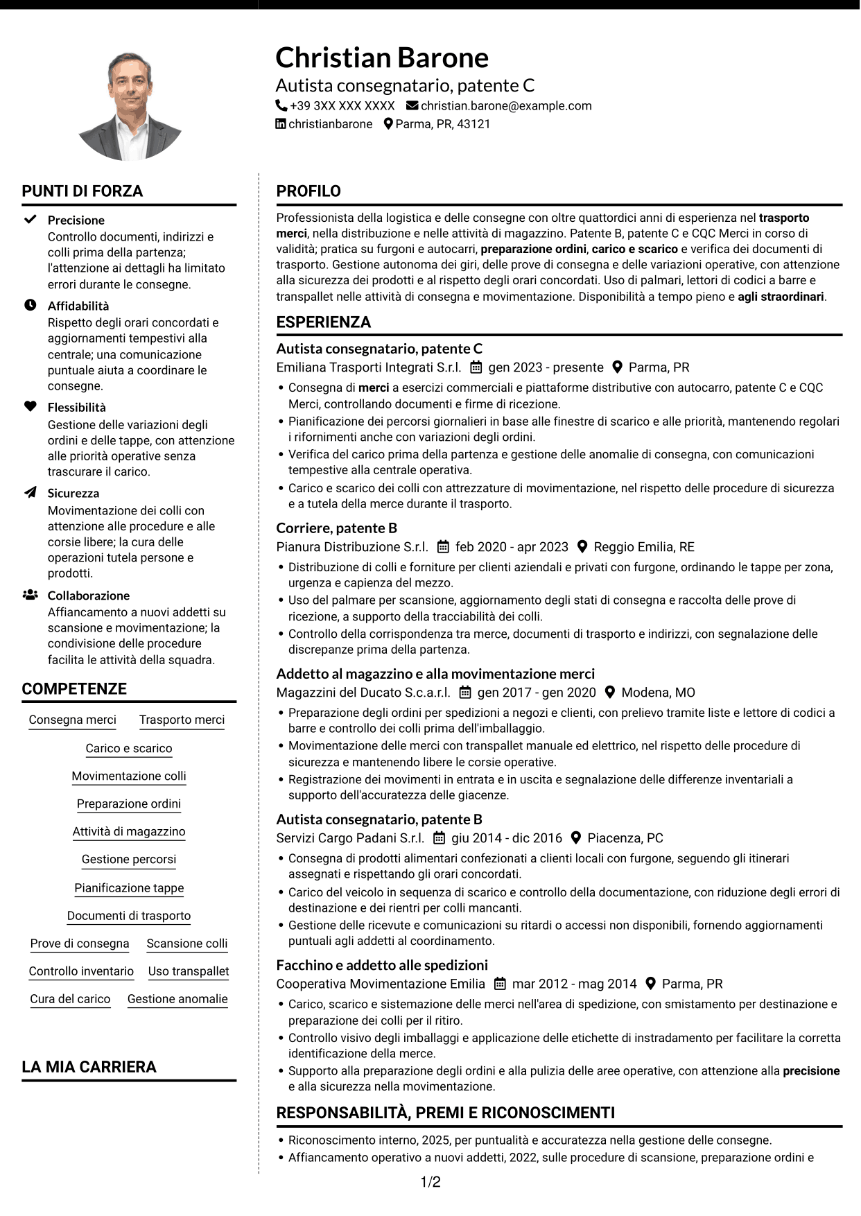 CV Moderno (formato a due colonne con foto a sinistra e separatore): Corrieri e Facchini - Consegne e Magazzino, pagina 1
