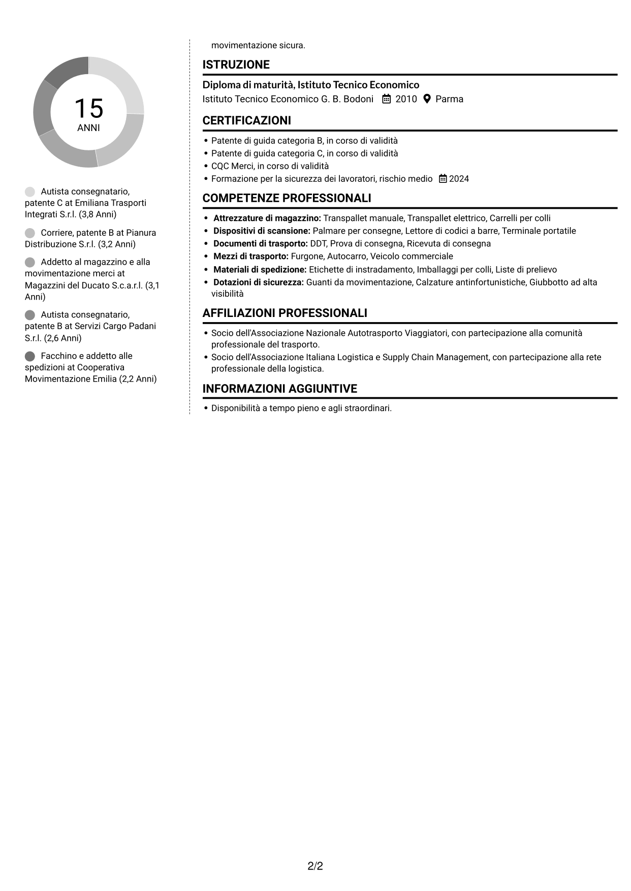 CV Moderno (formato a due colonne con foto a sinistra e separatore): Corrieri e Facchini - Consegne e Magazzino, pagina 2