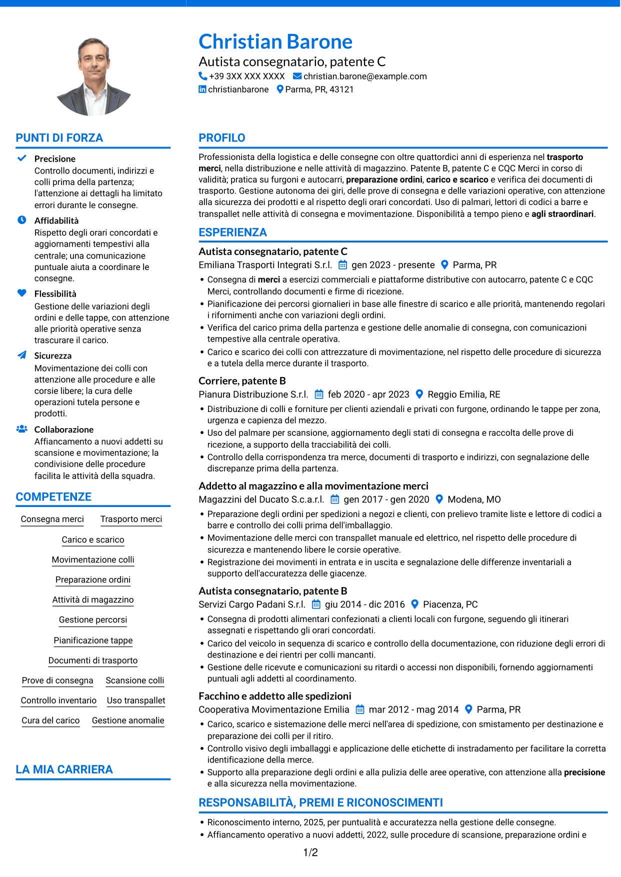 CV Audace (formato a due colonne con accenti colorati e foto): Corrieri e Facchini - Consegne e Magazzino, pagina 1