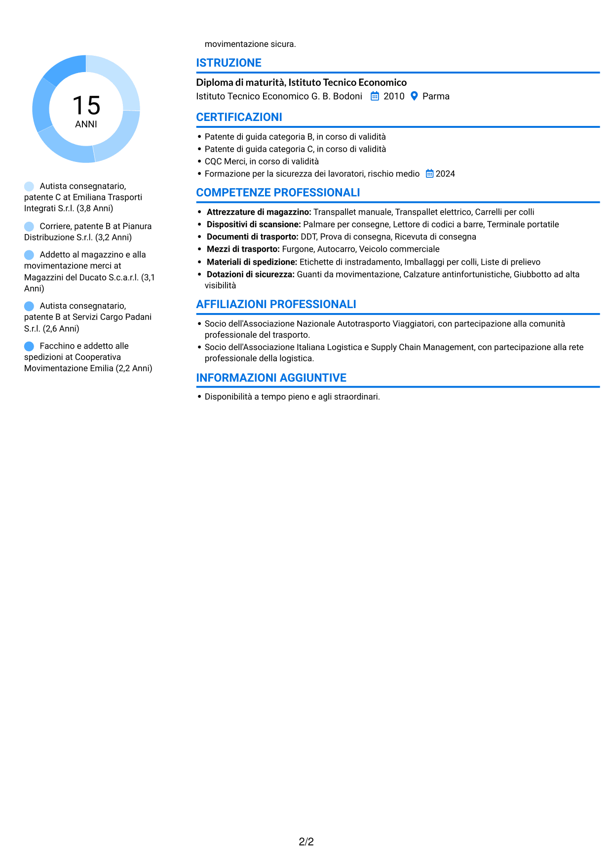 CV Audace (formato a due colonne con accenti colorati e foto): Corrieri e Facchini - Consegne e Magazzino, pagina 2