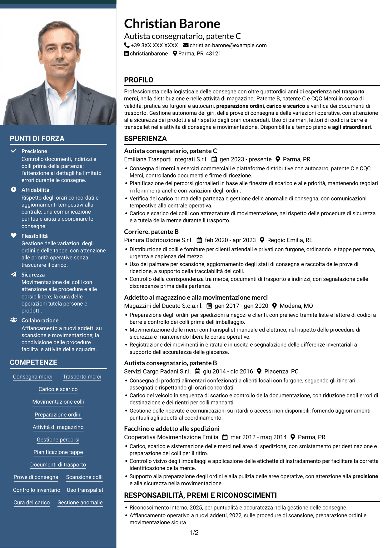 CV Signature (formato con colonna laterale colorata e foto grande): Corrieri e Facchini - Consegne e Magazzino, pagina 1