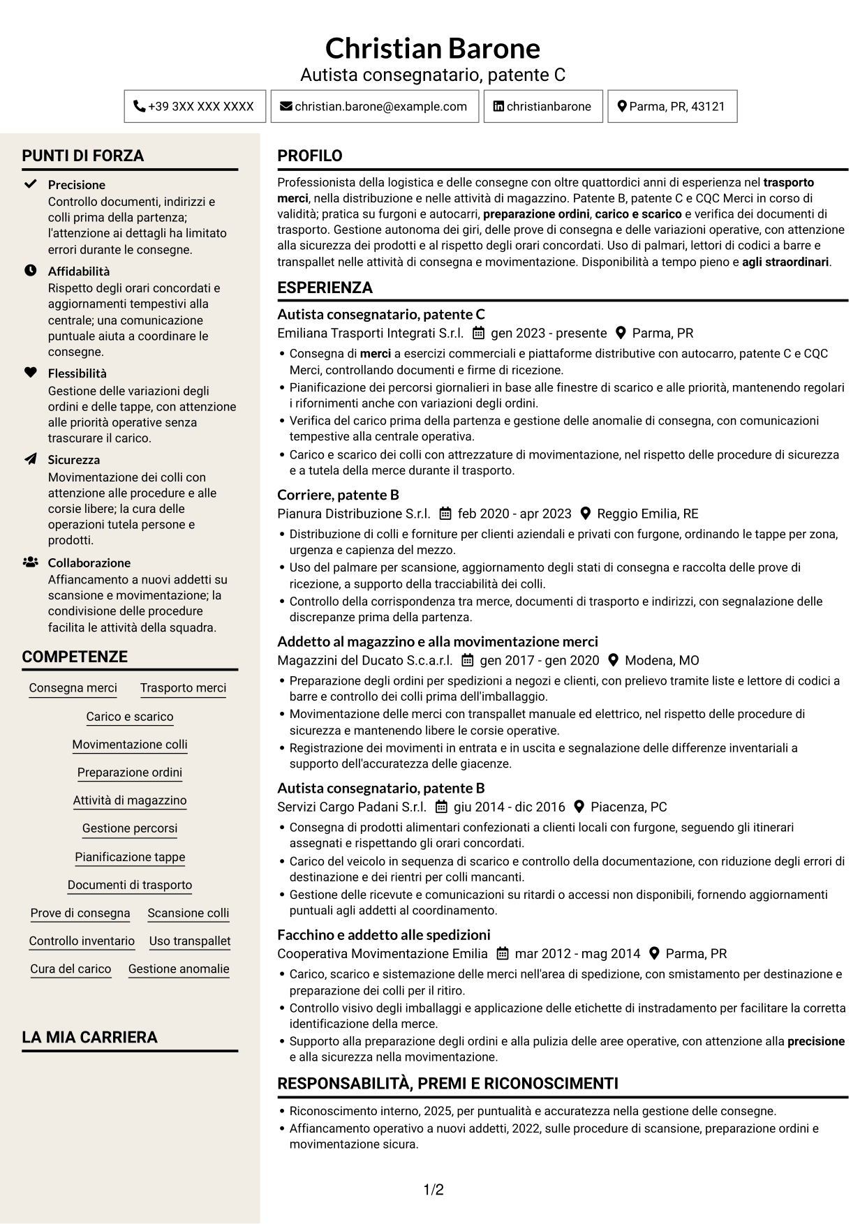 CV Intraprendente (formato a due colonne con intestazione centrata senza foto): Corrieri e Facchini - Consegne e Magazzino, pagina 1