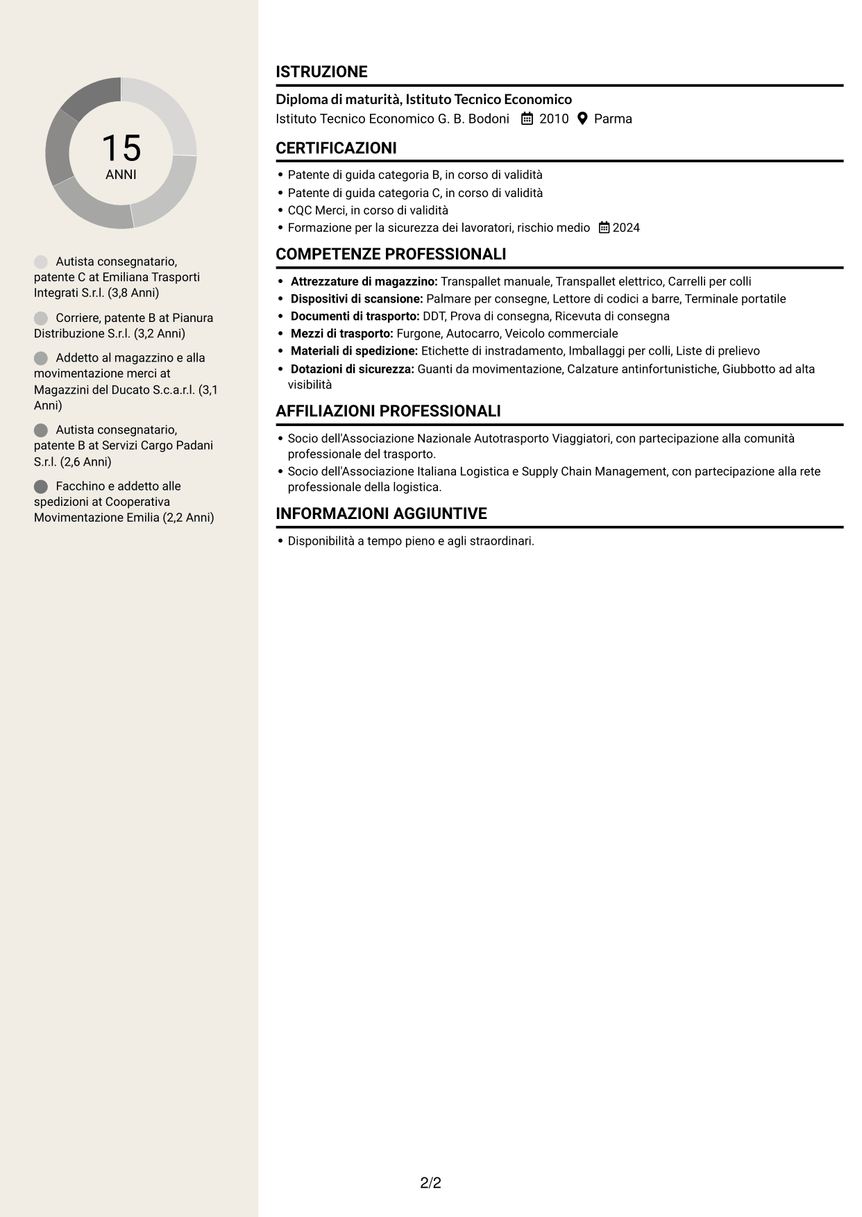CV Intraprendente (formato a due colonne con intestazione centrata senza foto): Corrieri e Facchini - Consegne e Magazzino, pagina 2