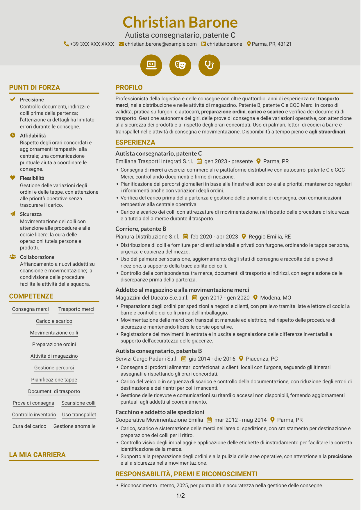 CV Dinamico (formato a due colonne con icone): Corrieri e Facchini - Consegne e Magazzino, pagina 1