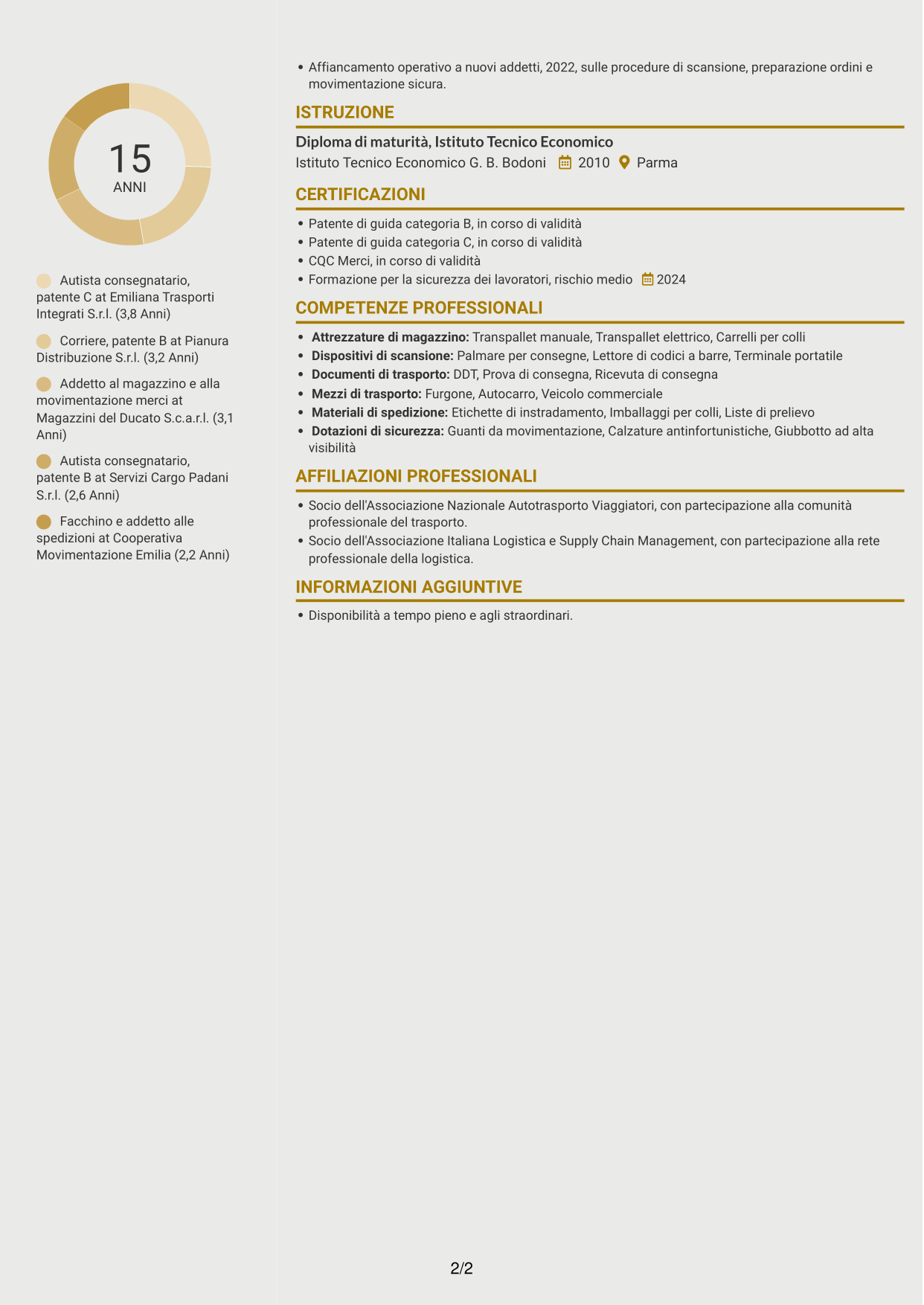 CV Dinamico (formato a due colonne con icone): Corrieri e Facchini - Consegne e Magazzino, pagina 2