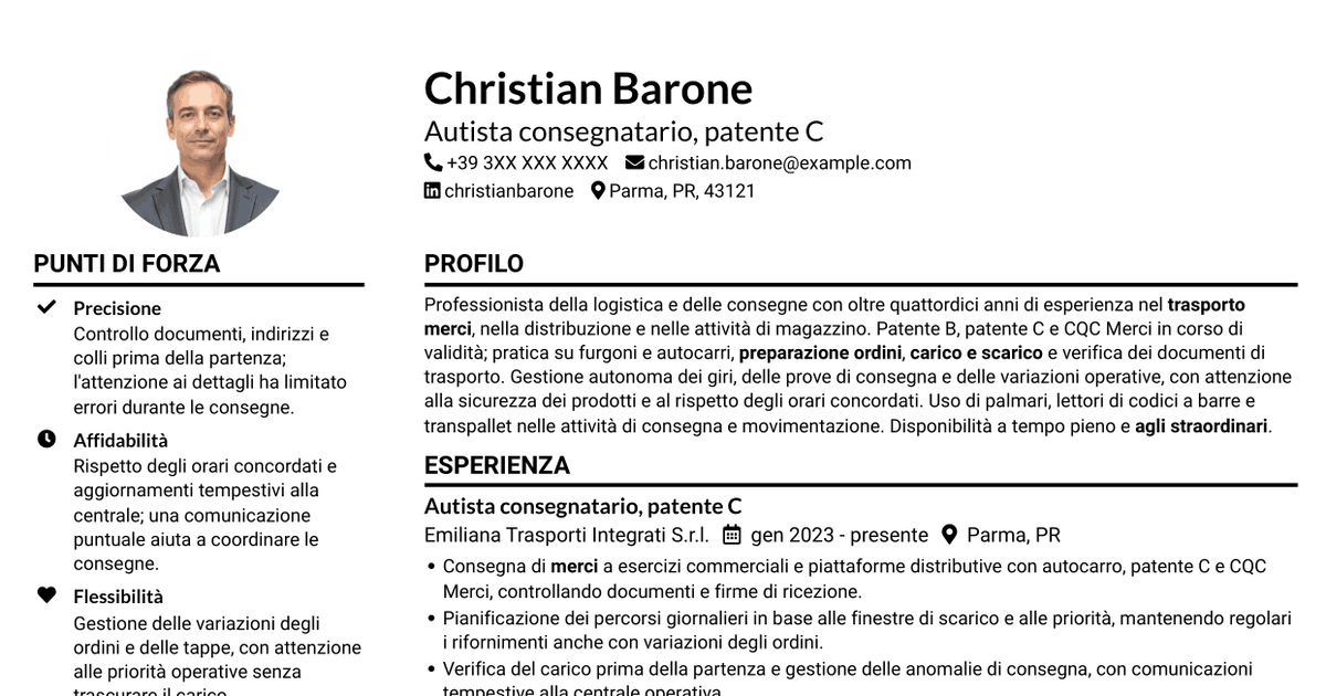 7 modelli di CV per Corrieri e Facchini - Consegne e Magazzino, con esempi