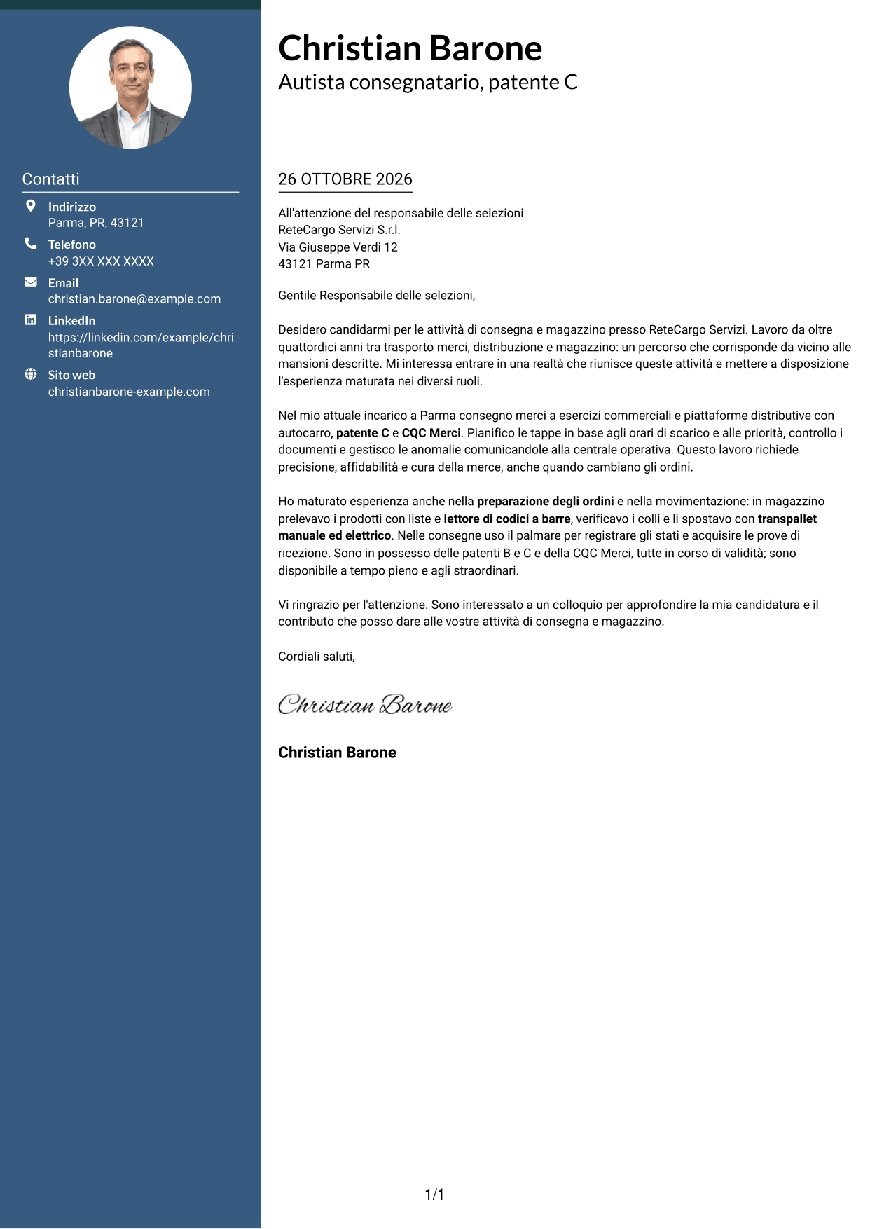 Lettera di presentazione Elegante (formato con colonna laterale colorata e foto): Corrieri e Facchini - Consegne e Magazzino, pagina 1