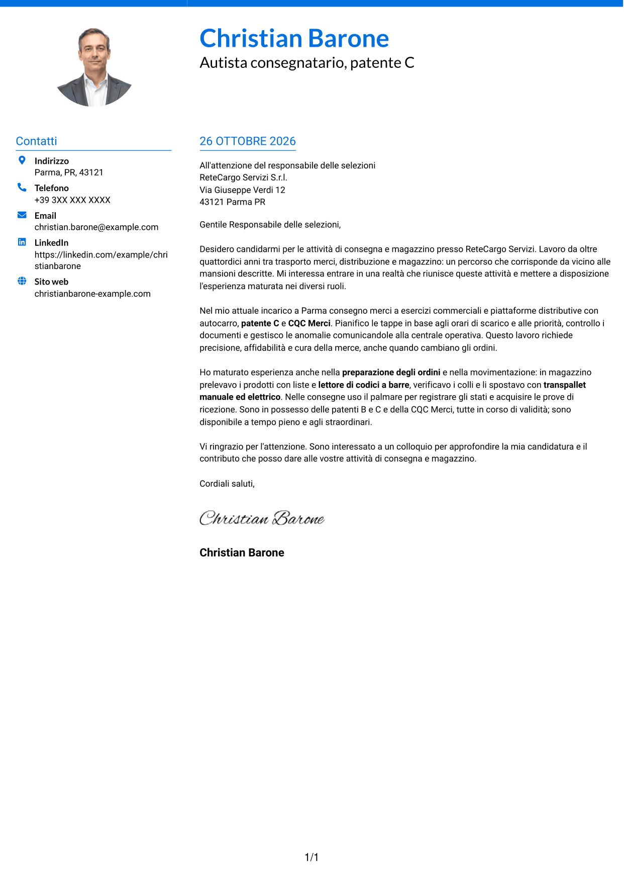 Lettera di presentazione Audace (formato a due colonne con accenti colorati e foto): Corrieri e Facchini - Consegne e Magazzino, pagina 1