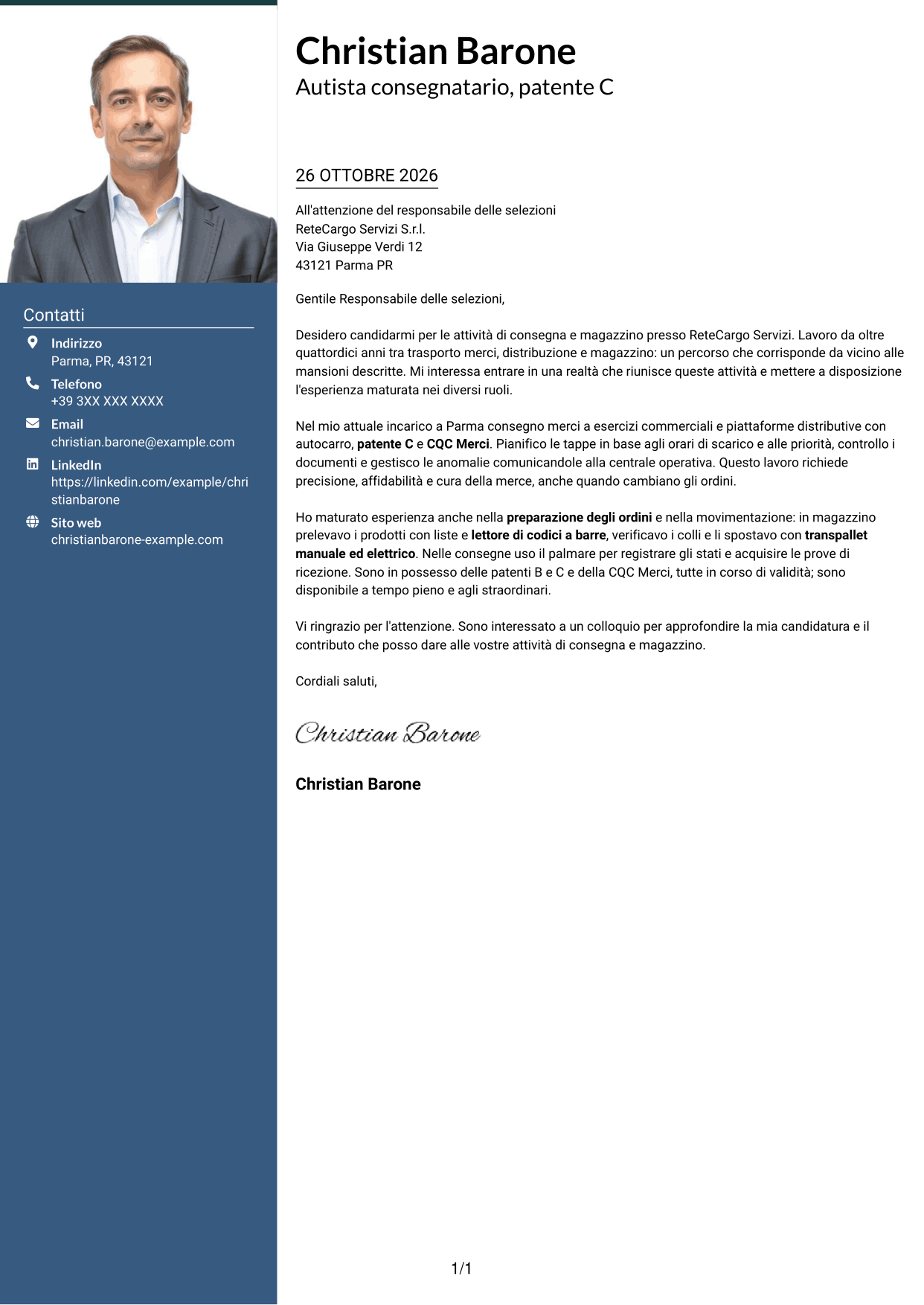Lettera di presentazione Signature (formato con colonna laterale colorata e foto grande): Corrieri e Facchini - Consegne e Magazzino, pagina 1