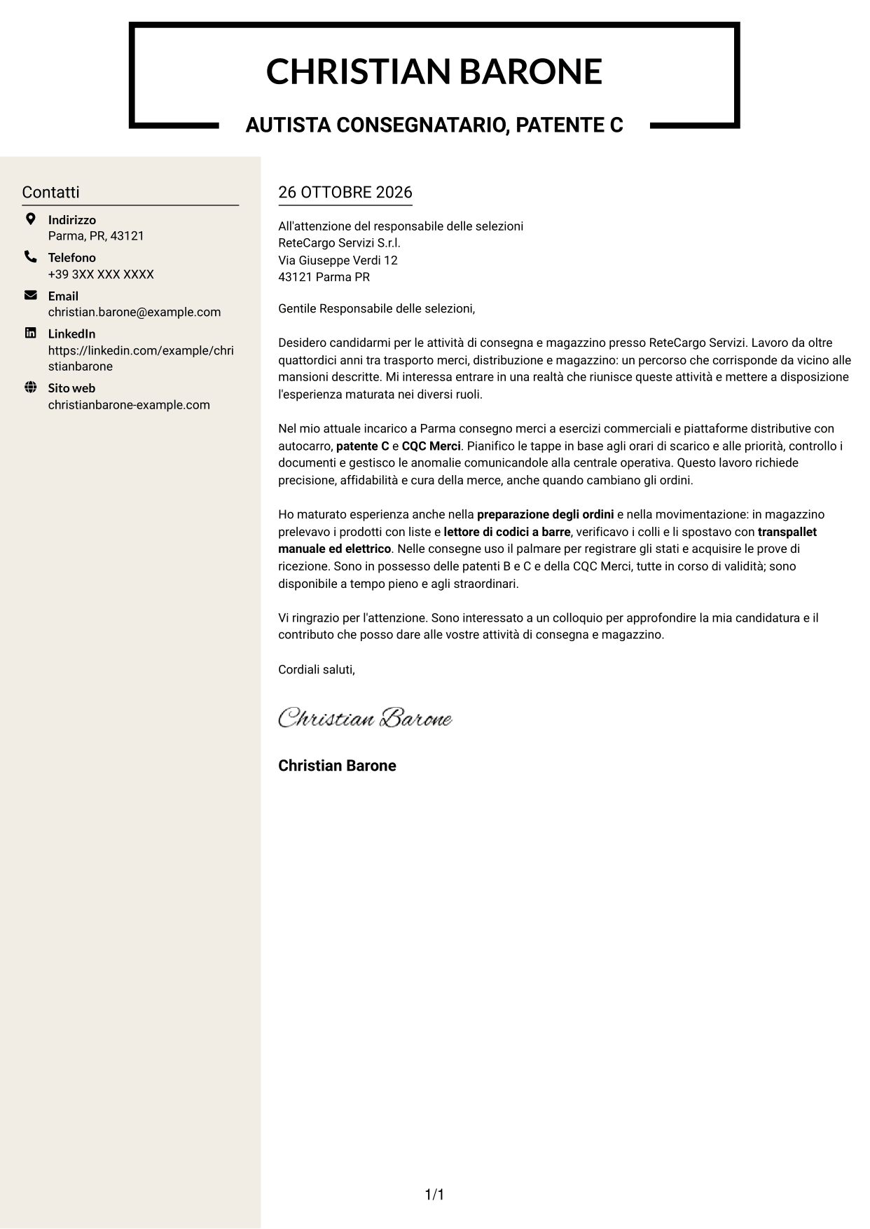 Lettera di presentazione Intraprendente (formato a due colonne con intestazione centrata senza foto): Corrieri e Facchini - Consegne e Magazzino, pagina 1