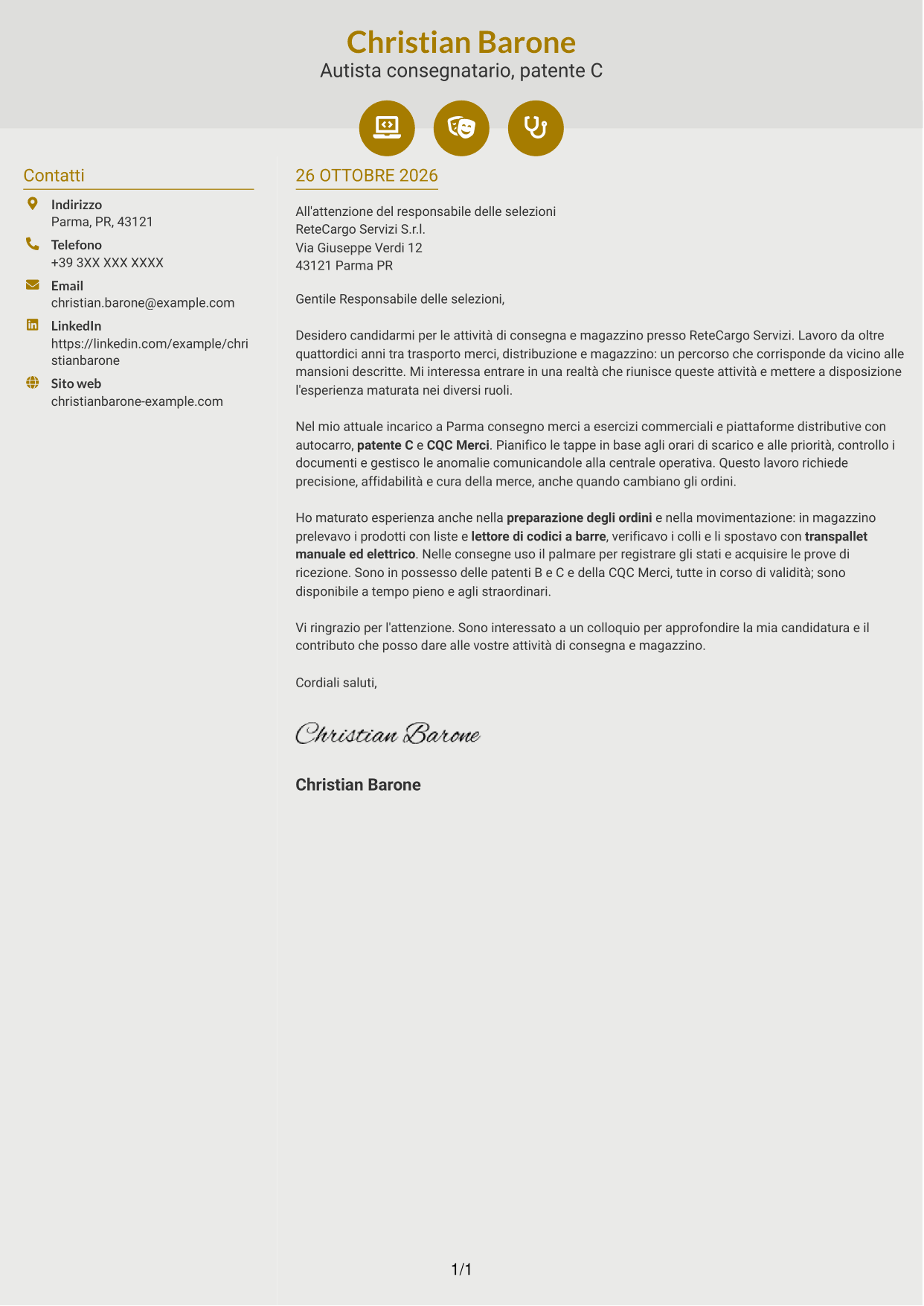Lettera di presentazione Dinamico (formato a due colonne con icone): Corrieri e Facchini - Consegne e Magazzino, pagina 1