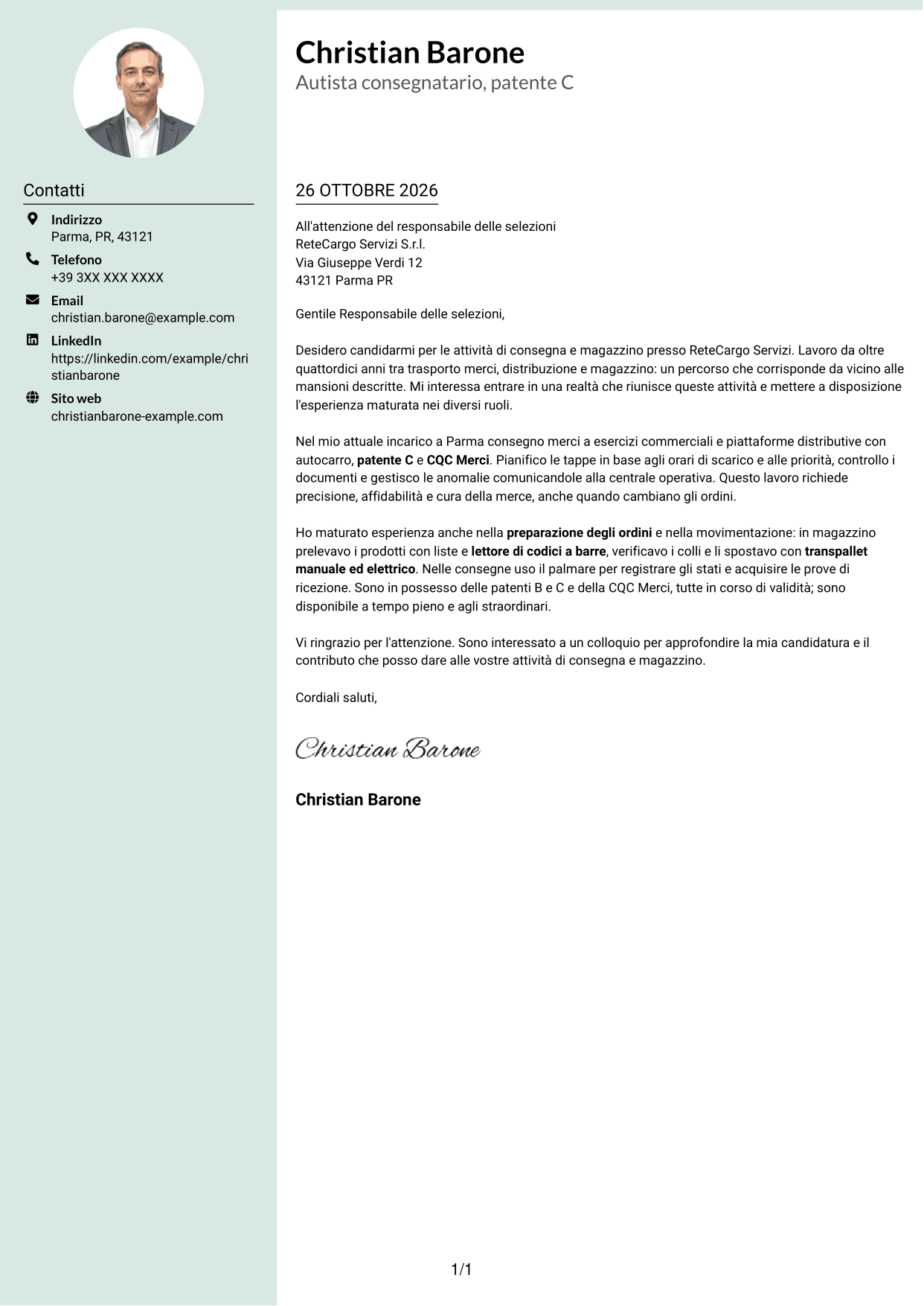 Lettera di presentazione Dirigente (formato con colonna laterale tenue e foto arrotondata): Corrieri e Facchini - Consegne e Magazzino, pagina 1