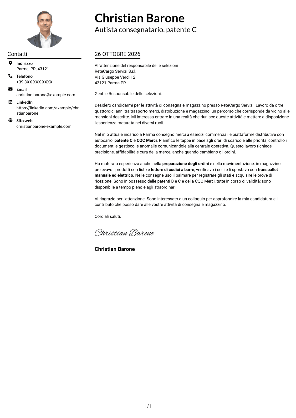 Esempio di lettera di presentazione — pagina 1