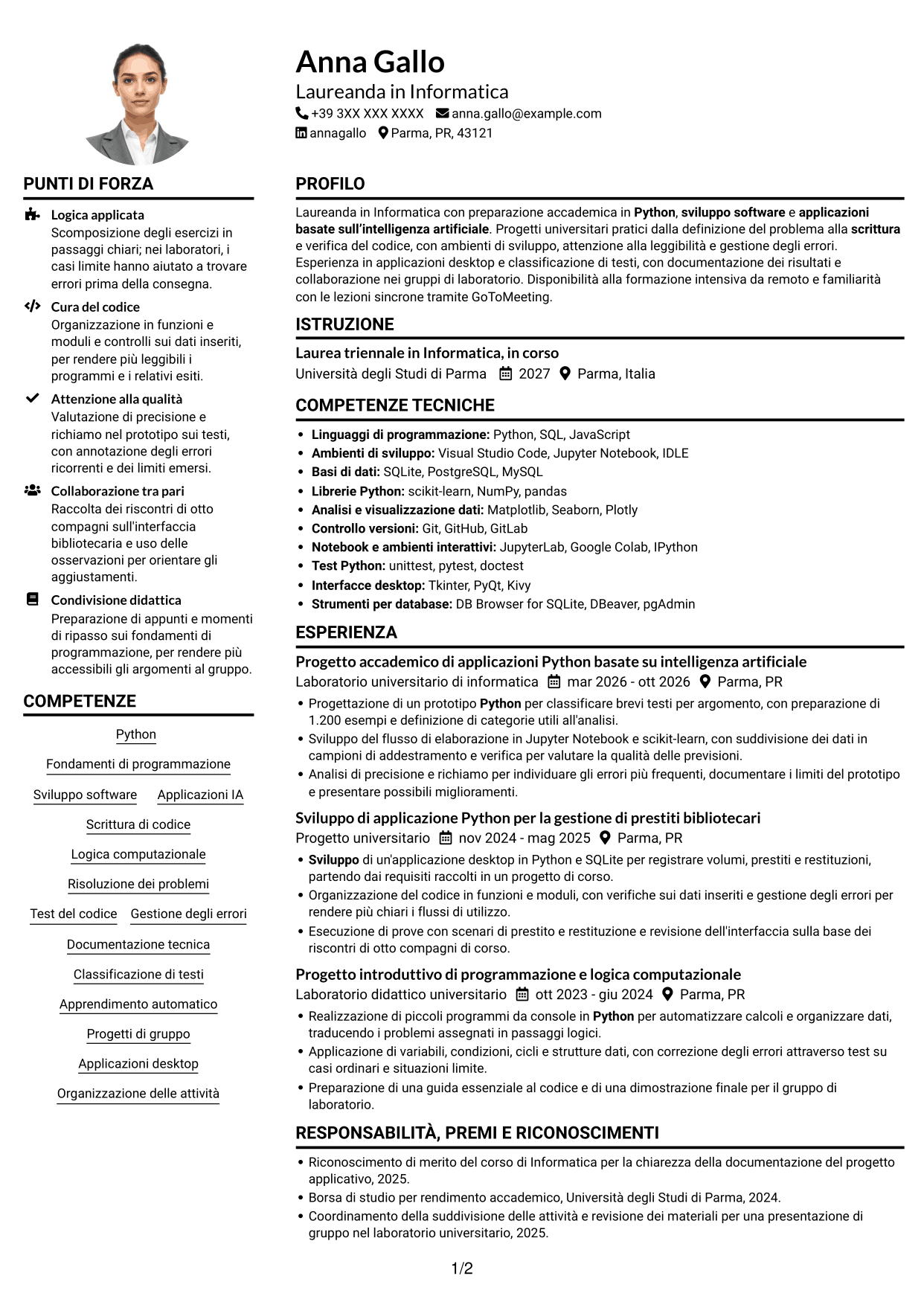 Esempio di curriculum — pagina 1