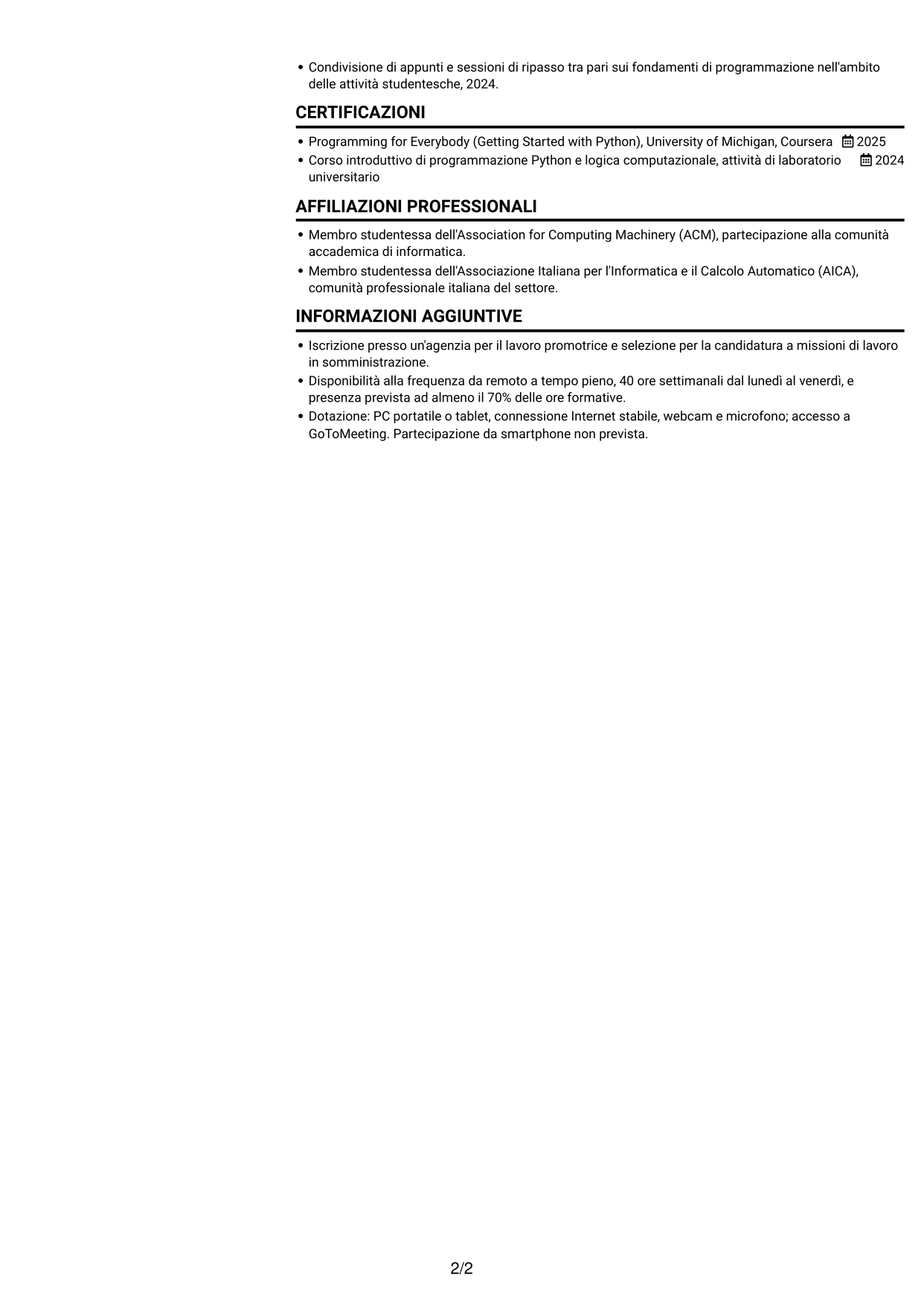 CV Compatto (formato sobrio a due colonne con foto): Corso introduttivo di Python - Applicazioni basate sull'intelligenza artificiale, pagina 2