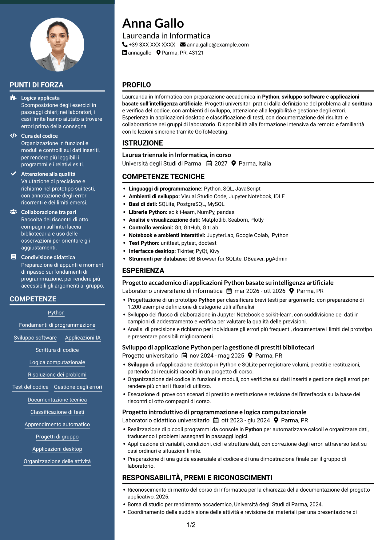 CV Elegante (formato con colonna laterale colorata e foto): Corso introduttivo di Python - Applicazioni basate sull'intelligenza artificiale, pagina 1