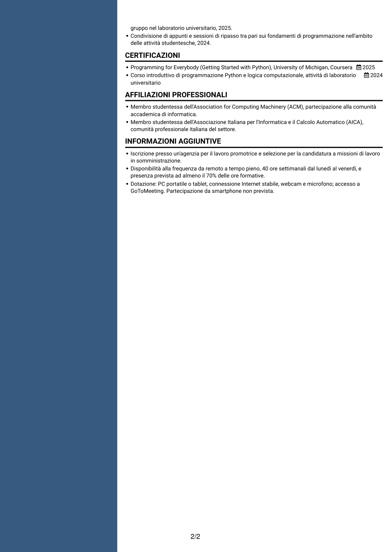 CV Elegante (formato con colonna laterale colorata e foto): Corso introduttivo di Python - Applicazioni basate sull'intelligenza artificiale, pagina 2