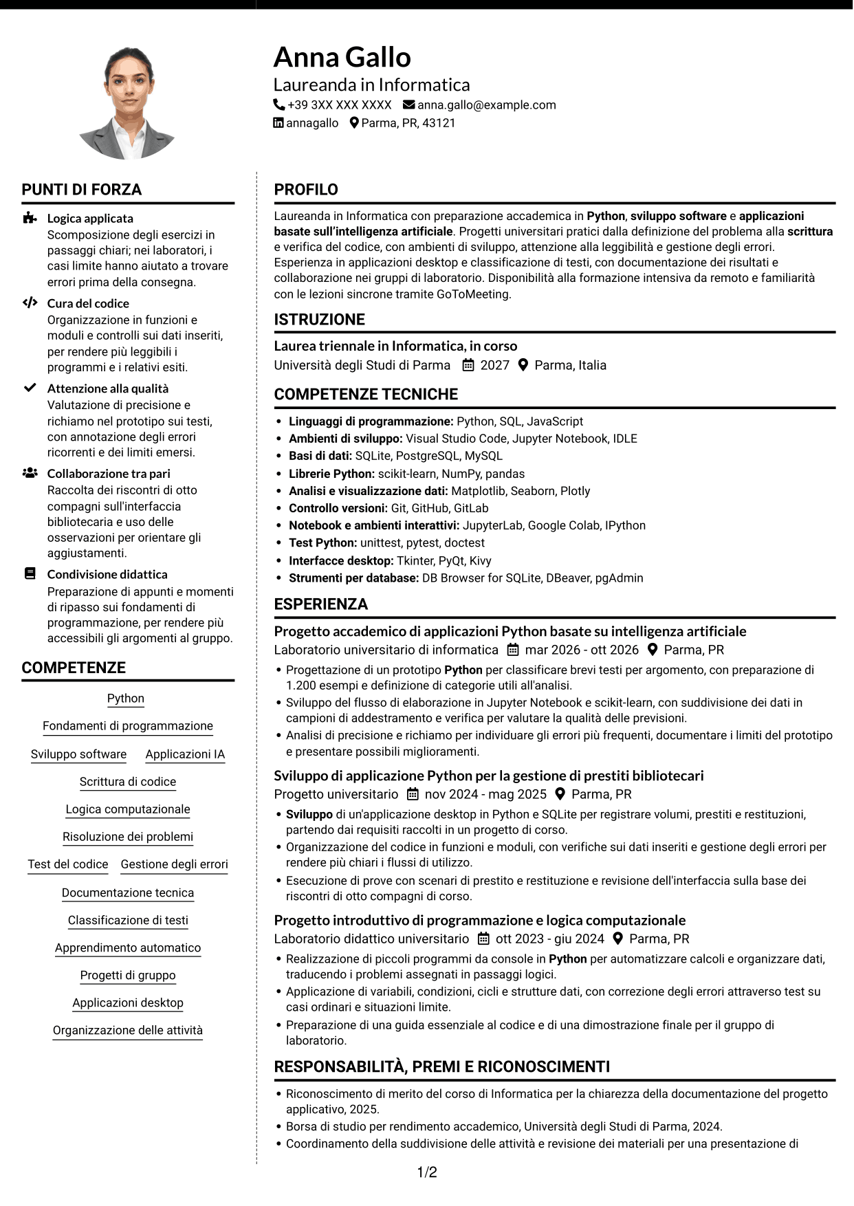 CV Moderno (formato a due colonne con foto a sinistra e separatore): Corso introduttivo di Python - Applicazioni basate sull'intelligenza artificiale, pagina 1