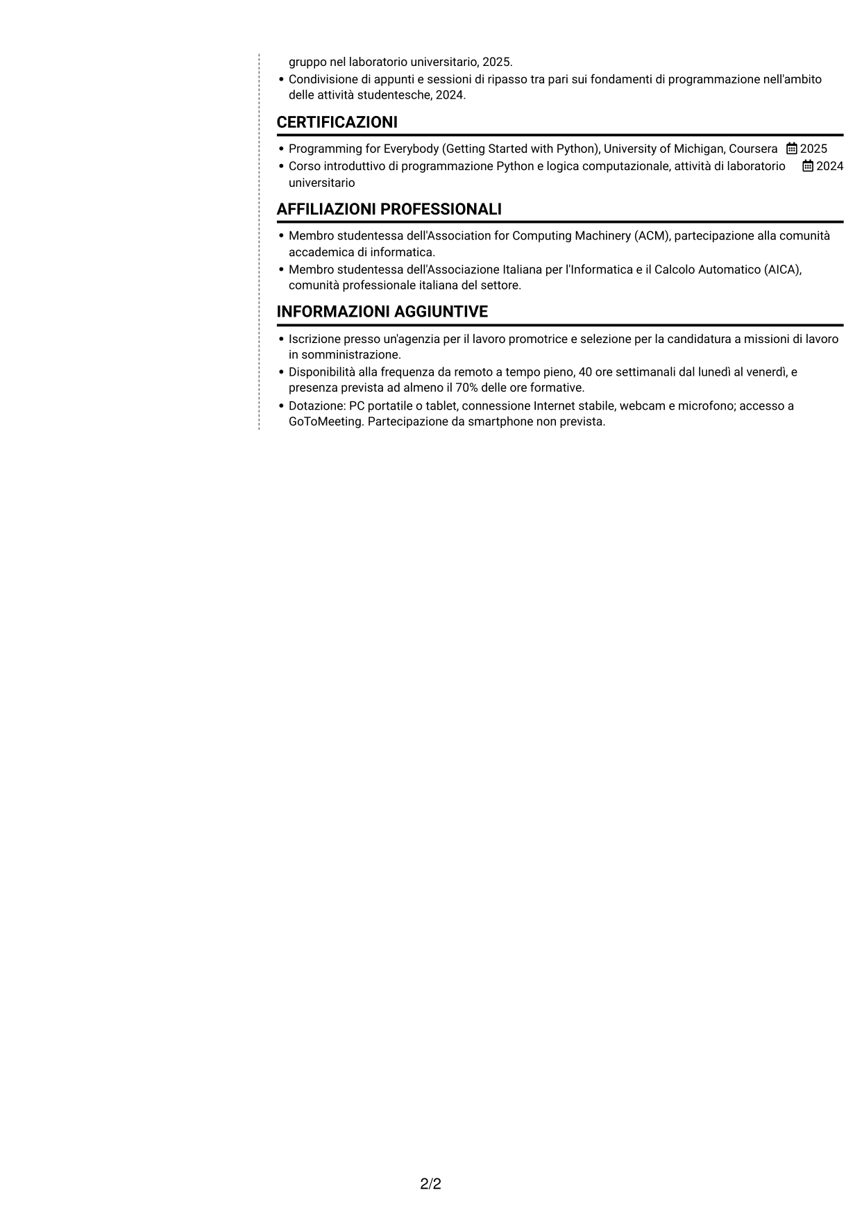 CV Moderno (formato a due colonne con foto a sinistra e separatore): Corso introduttivo di Python - Applicazioni basate sull'intelligenza artificiale, pagina 2