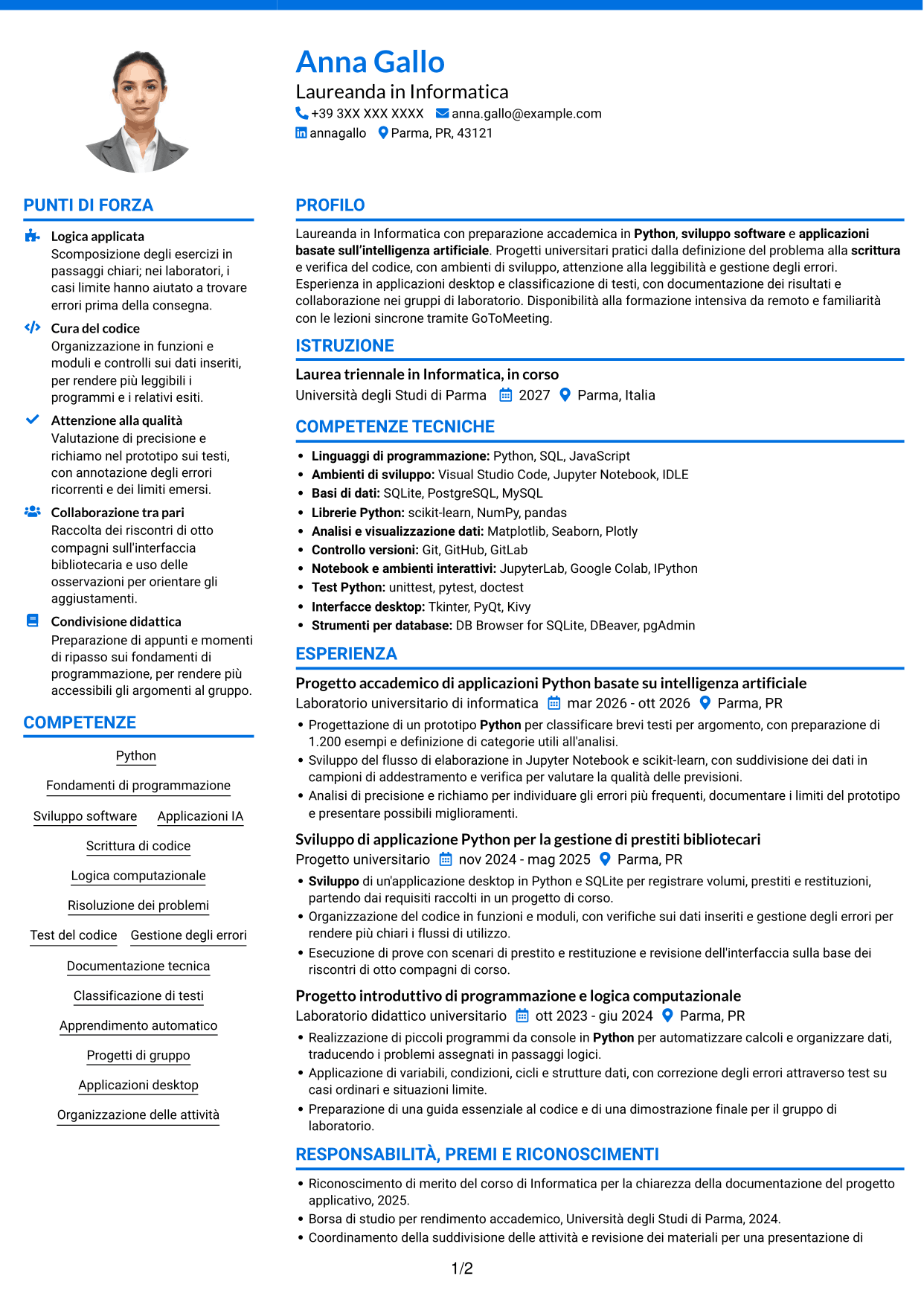 CV Audace (formato a due colonne con accenti colorati e foto): Corso introduttivo di Python - Applicazioni basate sull'intelligenza artificiale, pagina 1