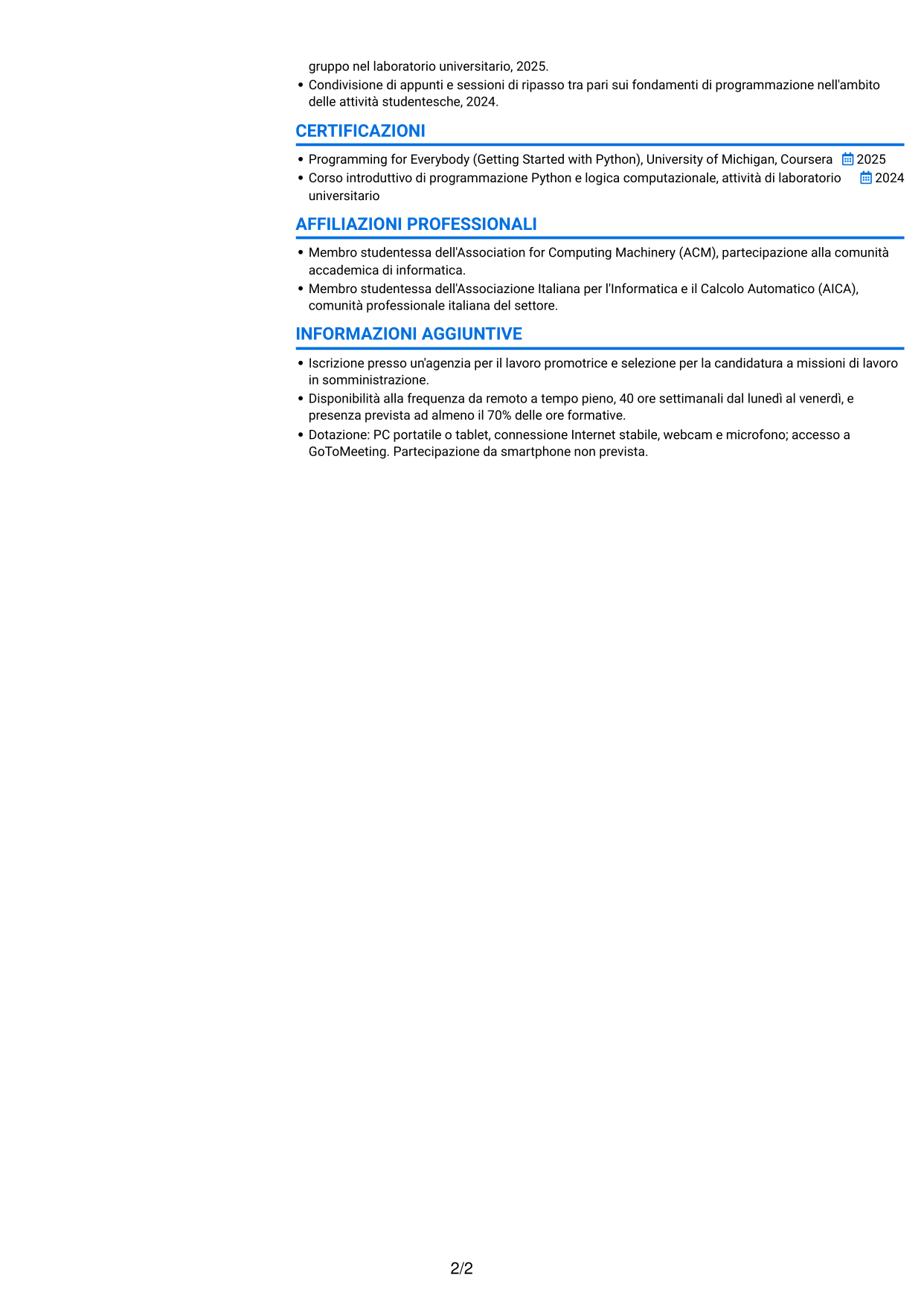 CV Audace (formato a due colonne con accenti colorati e foto): Corso introduttivo di Python - Applicazioni basate sull'intelligenza artificiale, pagina 2