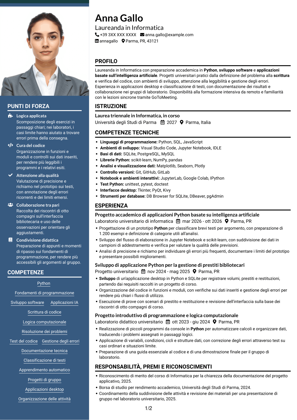 CV Signature (formato con colonna laterale colorata e foto grande): Corso introduttivo di Python - Applicazioni basate sull'intelligenza artificiale, pagina 1