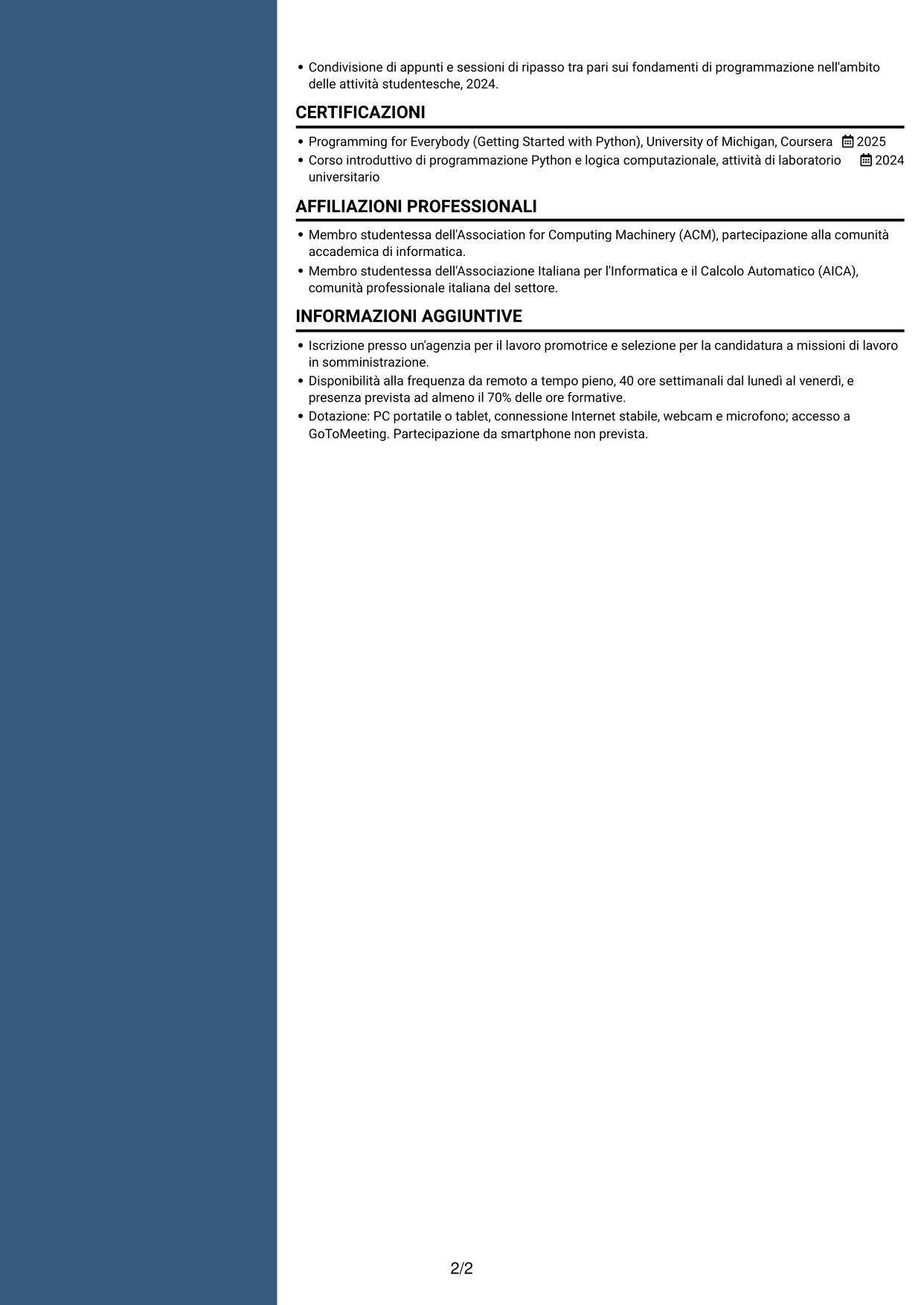 CV Signature (formato con colonna laterale colorata e foto grande): Corso introduttivo di Python - Applicazioni basate sull'intelligenza artificiale, pagina 2