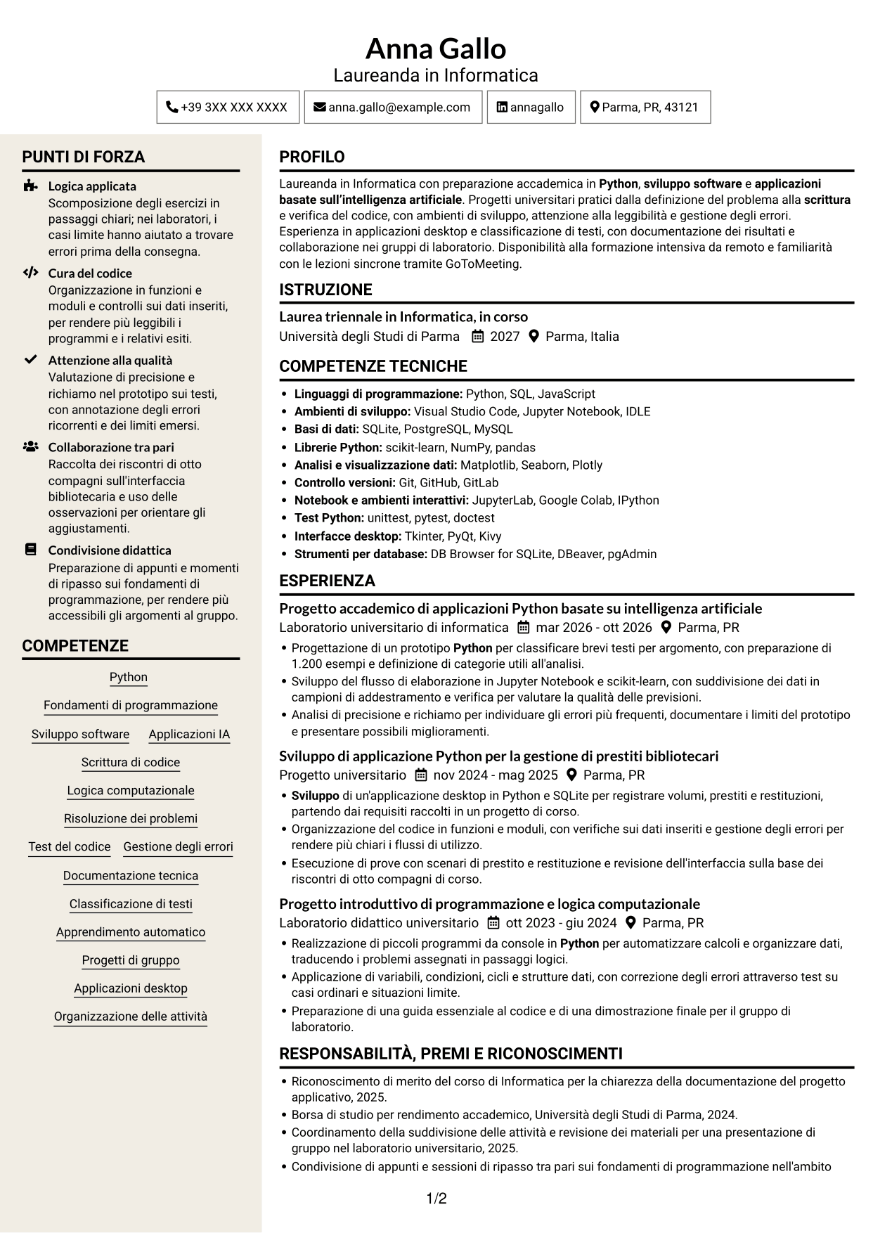 CV Intraprendente (formato a due colonne con intestazione centrata senza foto): Corso introduttivo di Python - Applicazioni basate sull'intelligenza artificiale, pagina 1